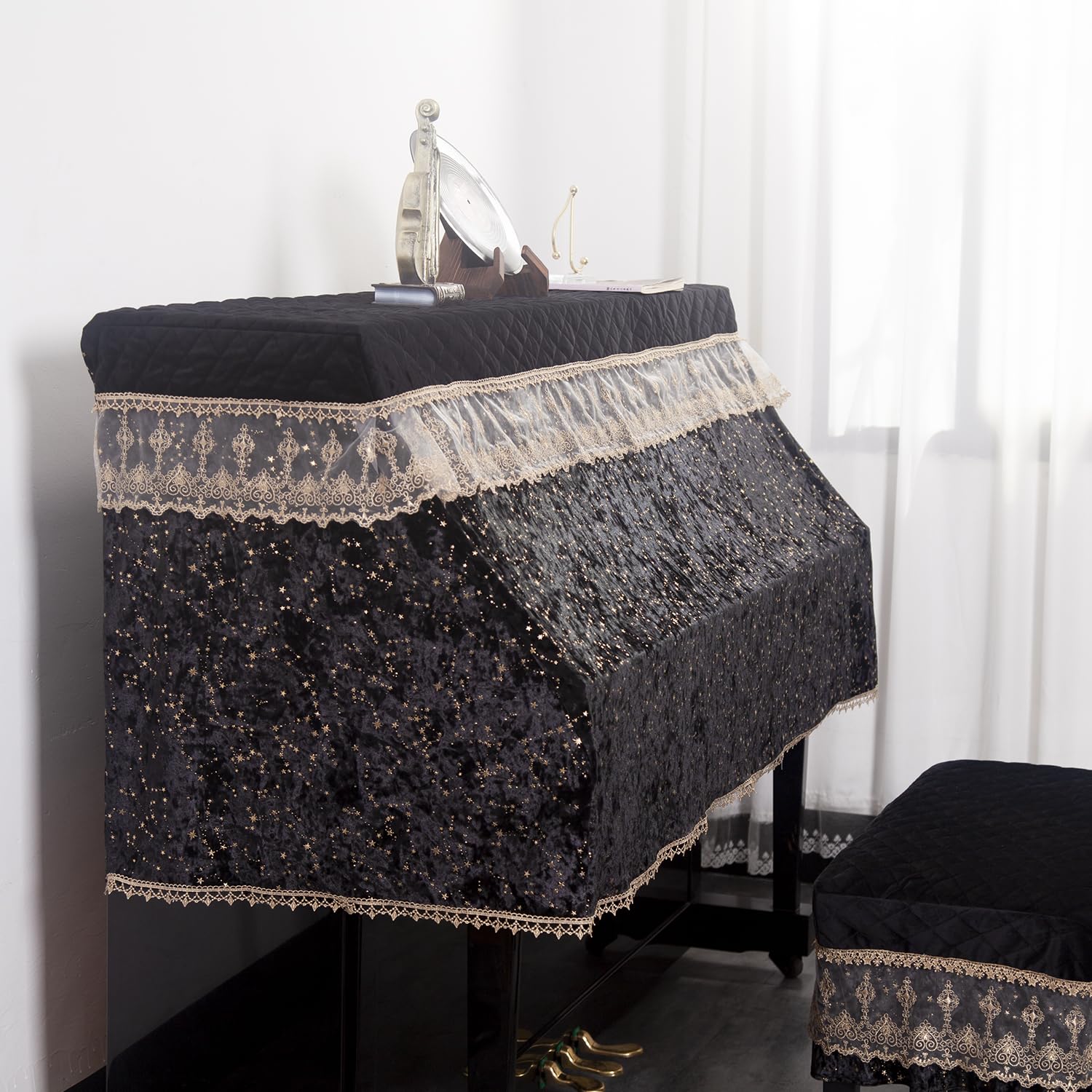 Luxury Velvet Piano Cover for Upright Pianos, Black with Gold Stars and Lace Trim, Quilted Top - Image 3