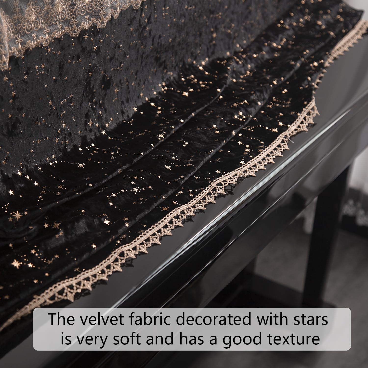 Luxury Velvet Piano Cover for Upright Pianos, Black with Gold Stars and Lace Trim, Quilted Top - Image 4