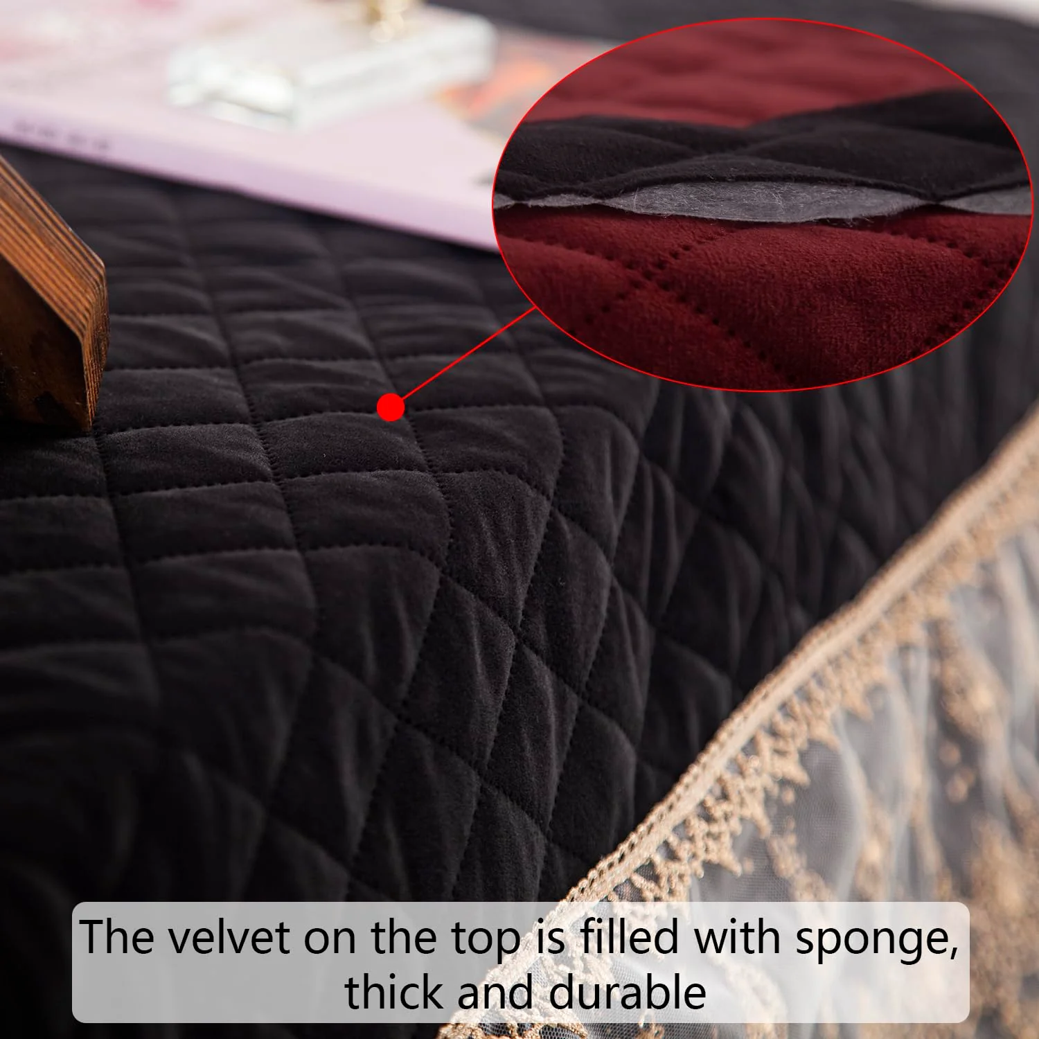 Luxury Velvet Piano Cover for Upright Pianos, Black with Gold Stars and Lace Trim, Quilted Top - Image 5