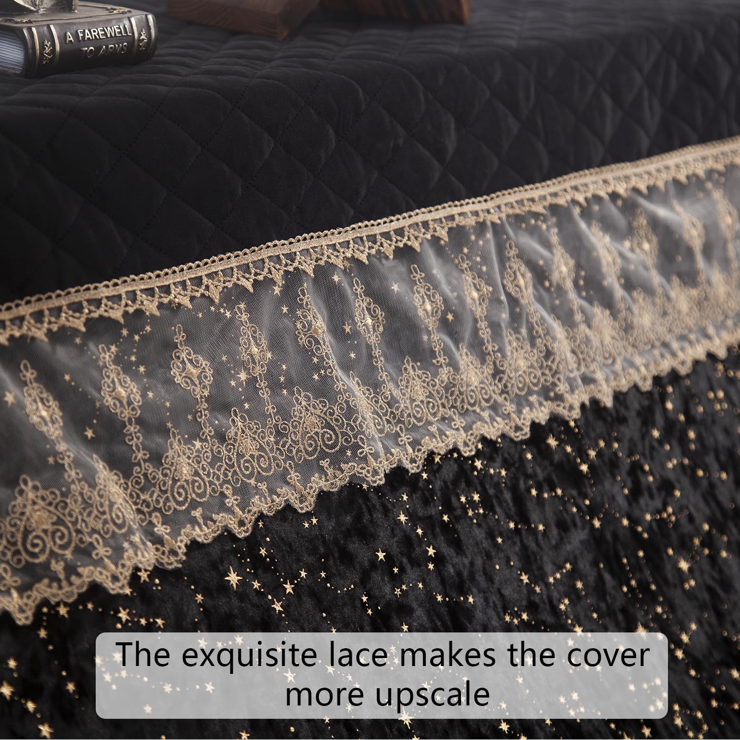 Luxury Velvet Piano Cover for Upright Pianos, Black with Gold Stars and Lace Trim, Quilted Top - Image 6