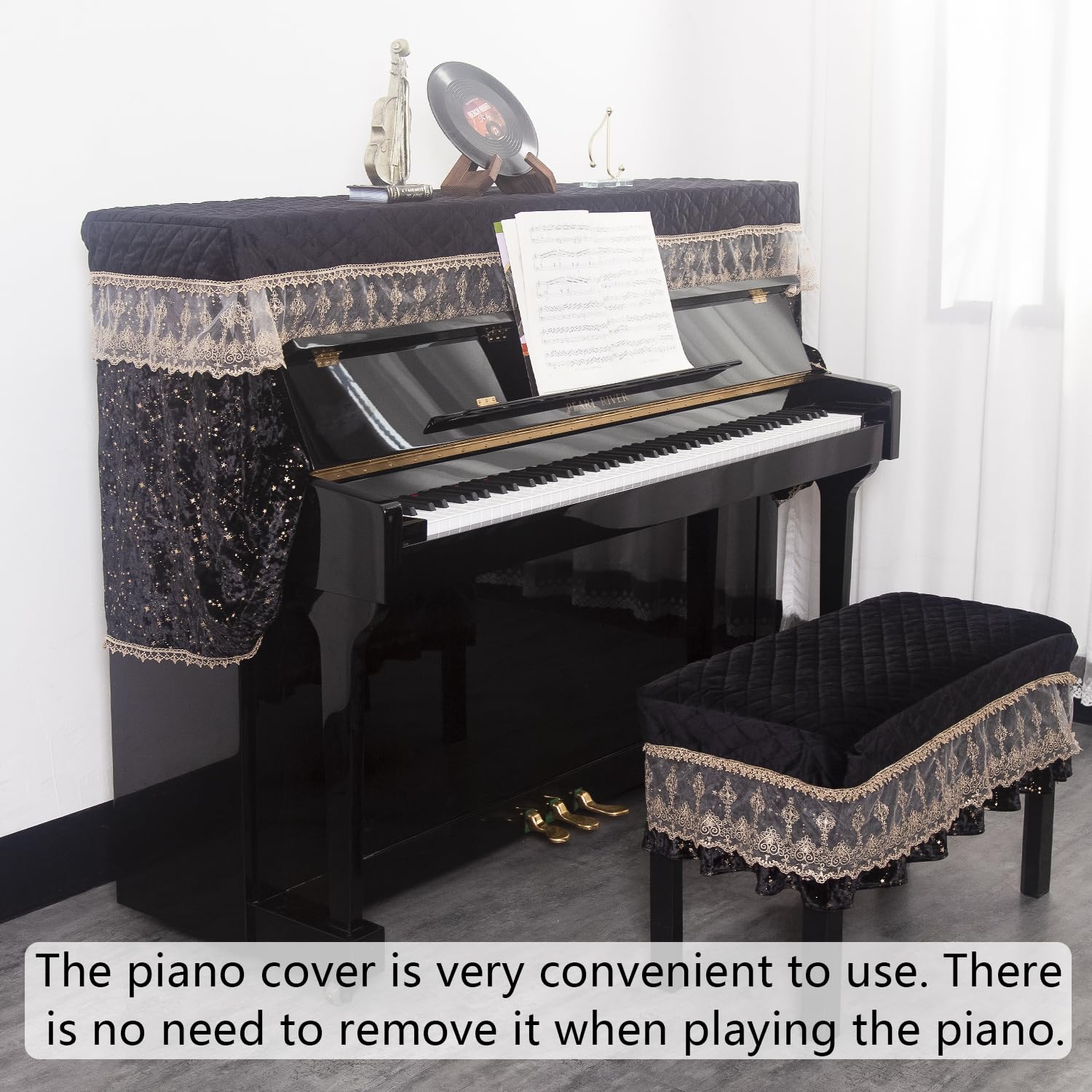 Luxury Velvet Piano Cover for Upright Pianos, Black with Gold Stars and Lace Trim, Quilted Top - Image 7
