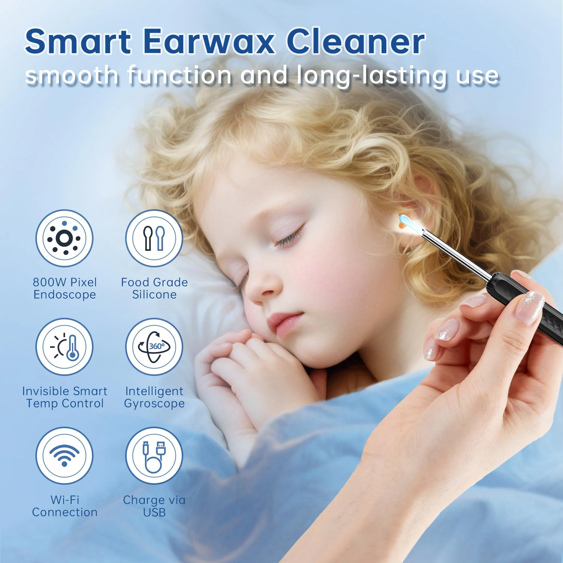 LUZOON 1296P Wifi Ear Wax Remover Otoscope, 360° Wide Angle Otoscope Camera with 6 LEDs for Adults, IP67 Waterproof Otoscope Ear for iPhone, Android, iPad - Image 2