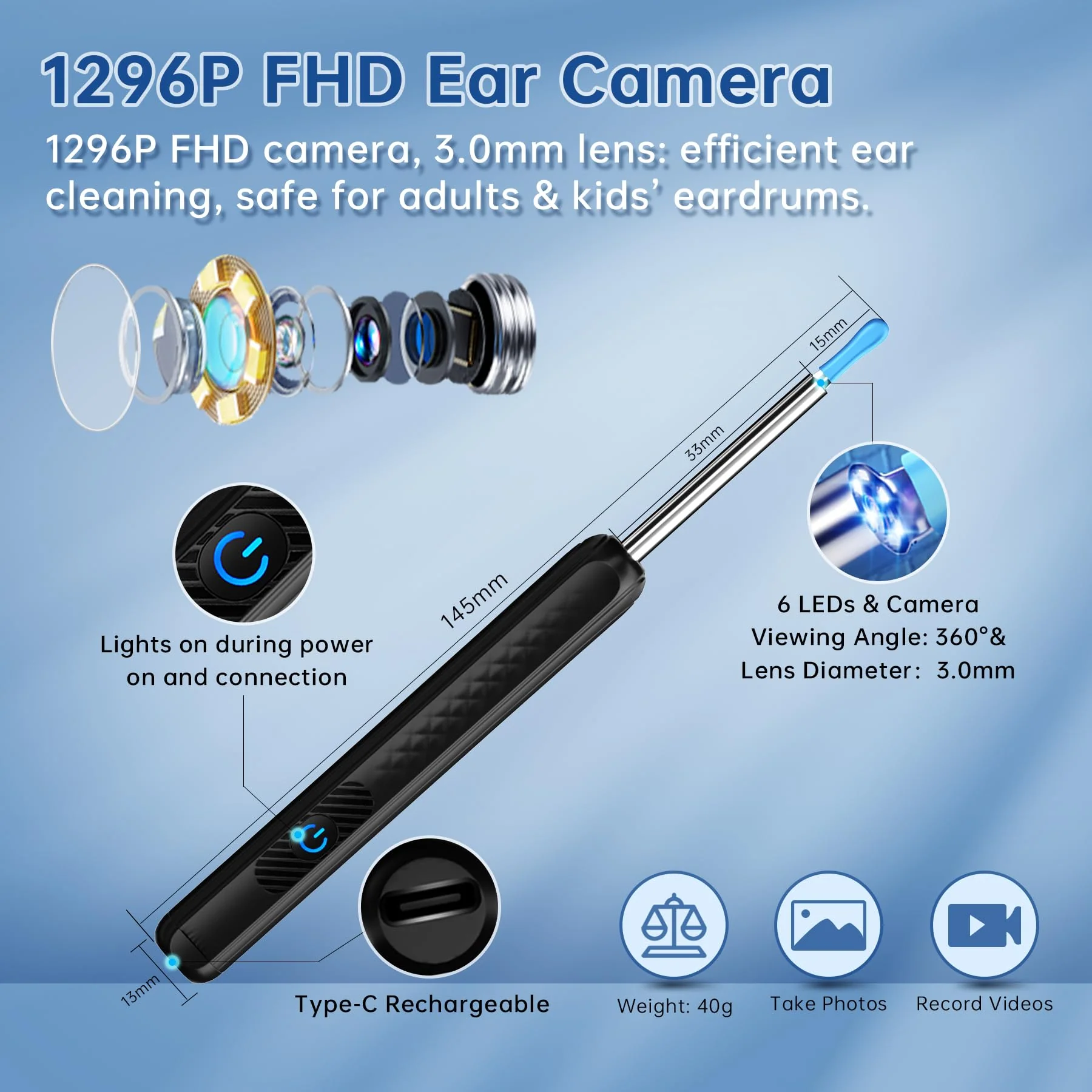 LUZOON 1296P Wifi Ear Wax Remover Otoscope, 360° Wide Angle Otoscope Camera with 6 LEDs for Adults, IP67 Waterproof Otoscope Ear for iPhone, Android, iPad - Image 3