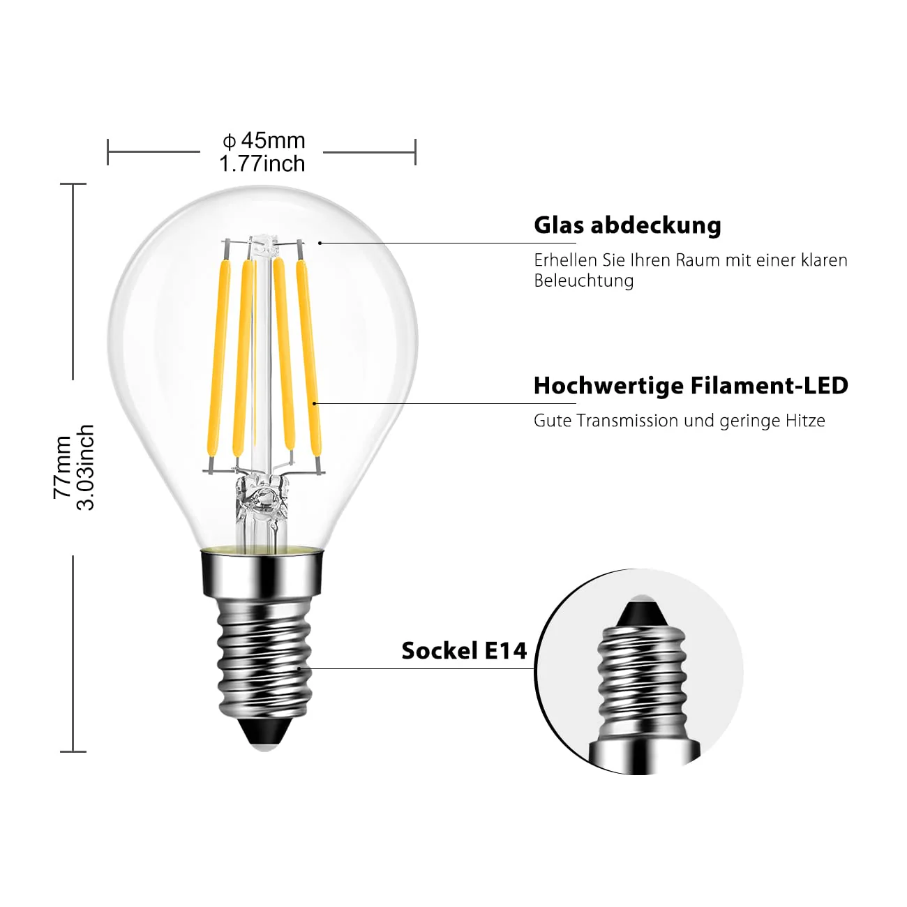 LVWIT E14 LED Lampe P45 Tropfenform, 4W (ersetzt 40W), 2700K Warmweiß Fadenlampe ultrahell 470 lm, Mini Globe, Rustikalampe Filament LED klar, 6er Pack 6 - Image 3