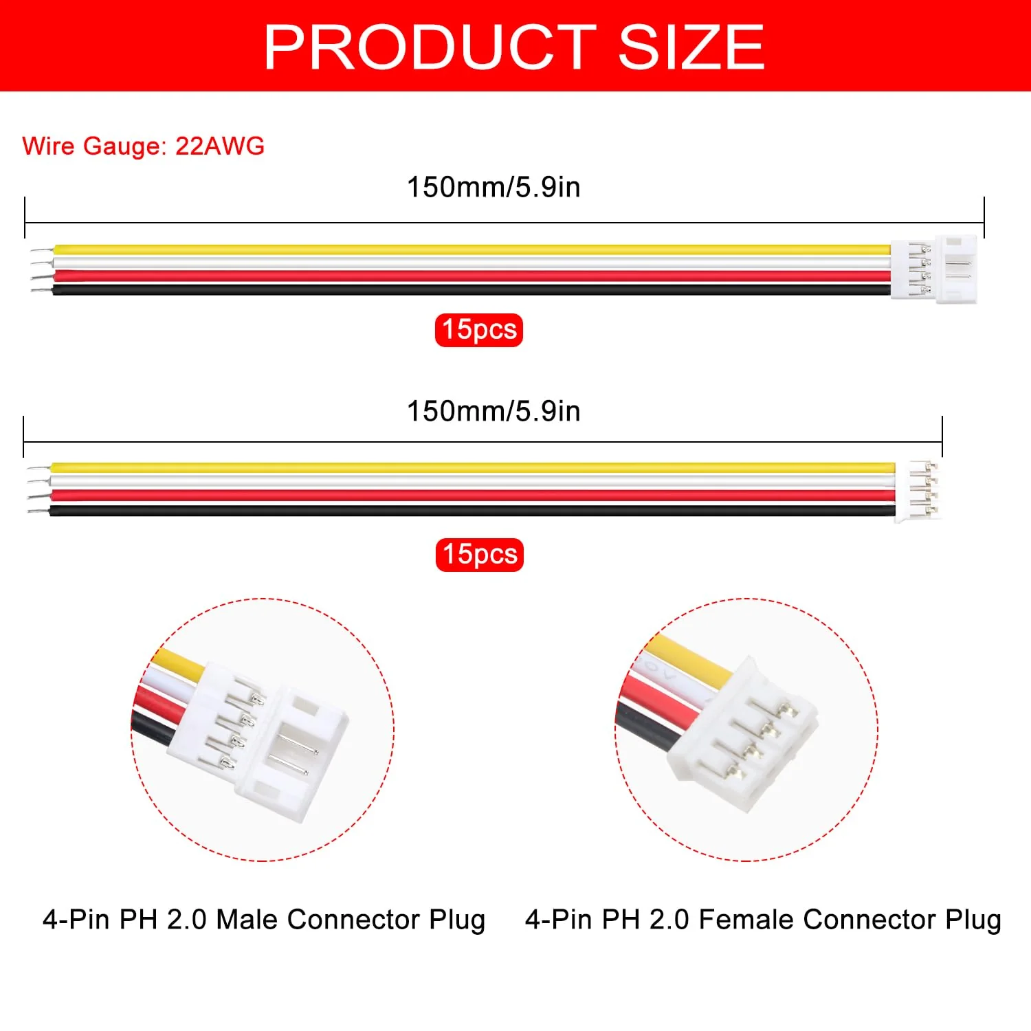 Lyeteung 15 Pairs JST 2.0 PH 4 Pin Connectors, Mini Micro JST PH 2.0mm 4-Pin Female and Male with 150mm 22AWG Cable Wire 4 Pin + Cable - Image 2