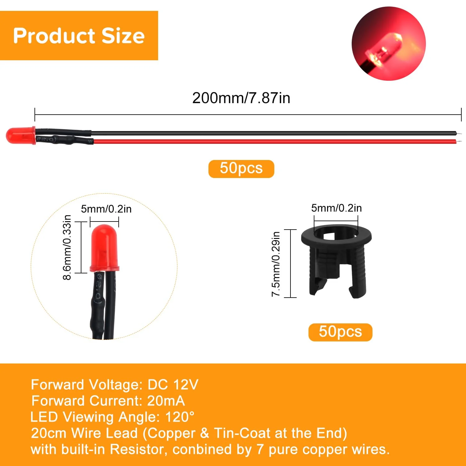 Lyeteung 50 Pieces 5 mm 12 V Pre-Wired LED Diode Light, Red, 5 mm LED Diffuse Emitting Light Diode with 20 cm Cable + 50 Pieces 5 mm Plastic LED Diode Holder 5mm Red Diffuse - Image 2