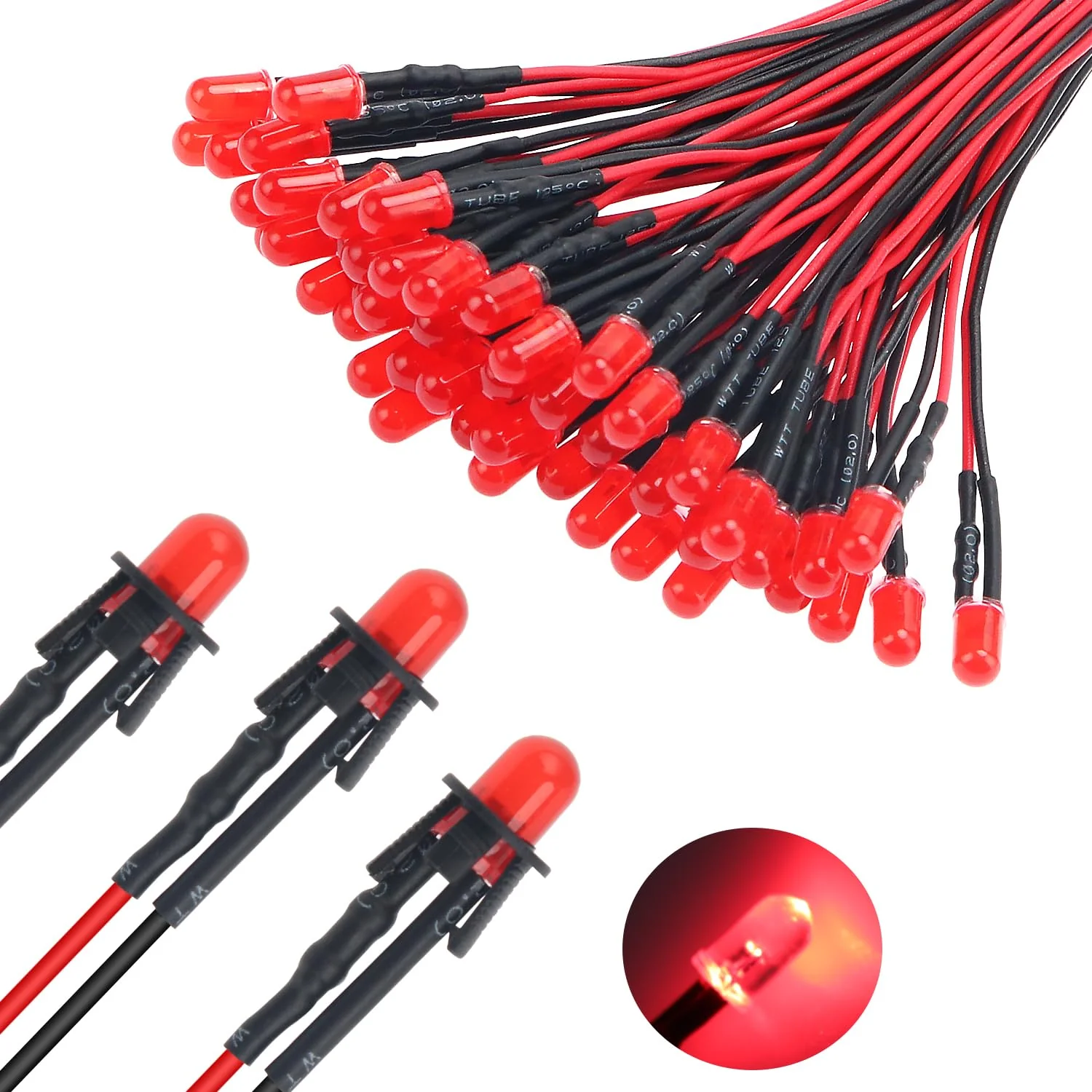 Lyeteung 50 Pieces 5 mm 12 V Pre-Wired LED Diode Light, Red, 5 mm LED Diffuse Emitting Light Diode with 20 cm Cable + 50 Pieces 5 mm Plastic LED Diode Holder 5mm Red Diffuse - Image 4