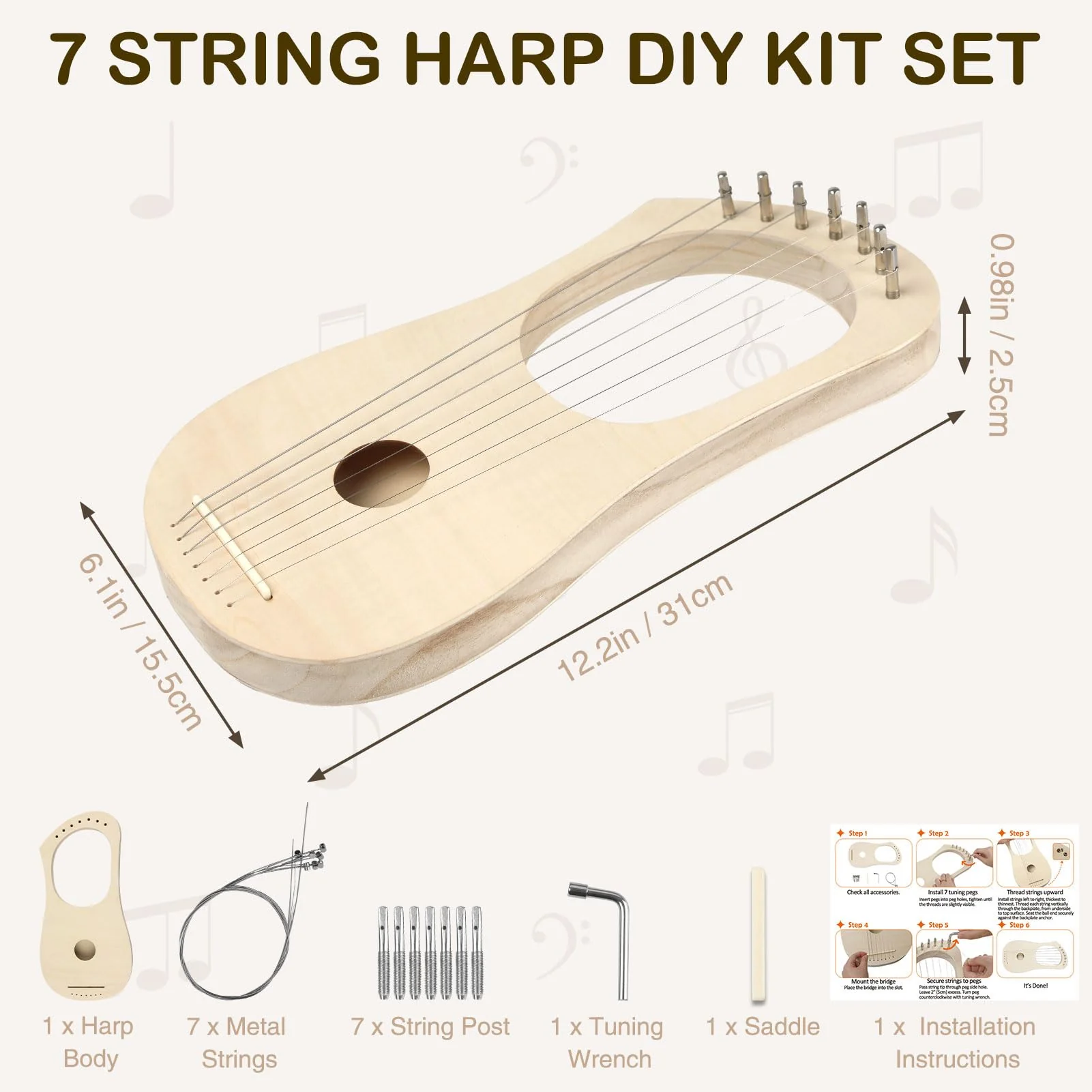 Lyre Harp 7 String DIY Kit, Wooden Instrument Kit Handmade with Basswood Body Strings Tuning Wrench Saddle Bridge Pins, Easy Assembly for Beginners and DIY Enthusiasts - Image 2