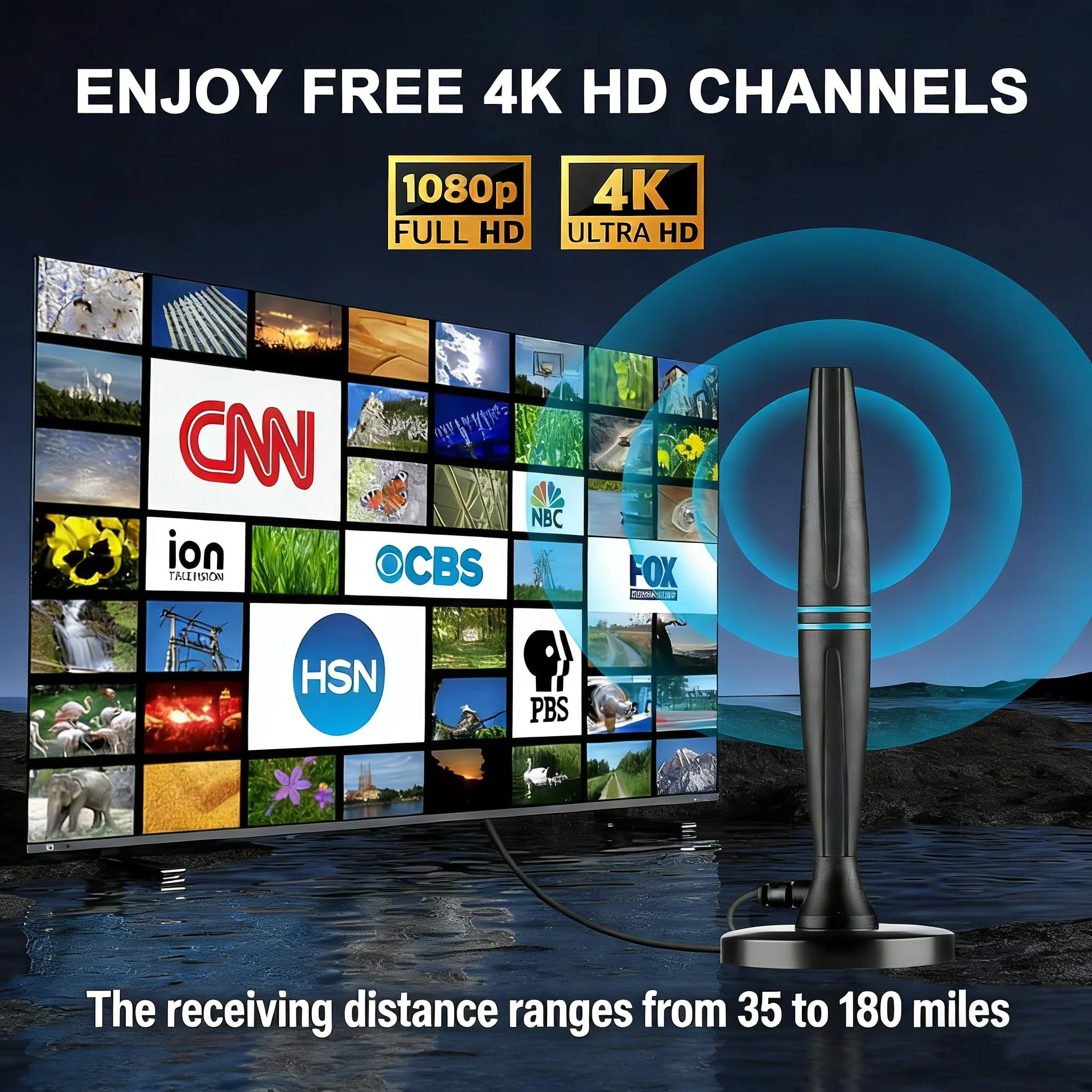Lyrwihn TV Antenna Indoor, Antenna for Smart TV, Support 4K 1080p with Signal Booster for Local Channels, Long Range Reception - Cable Length 18ft (Dark Grey) Vertical - Image 3
