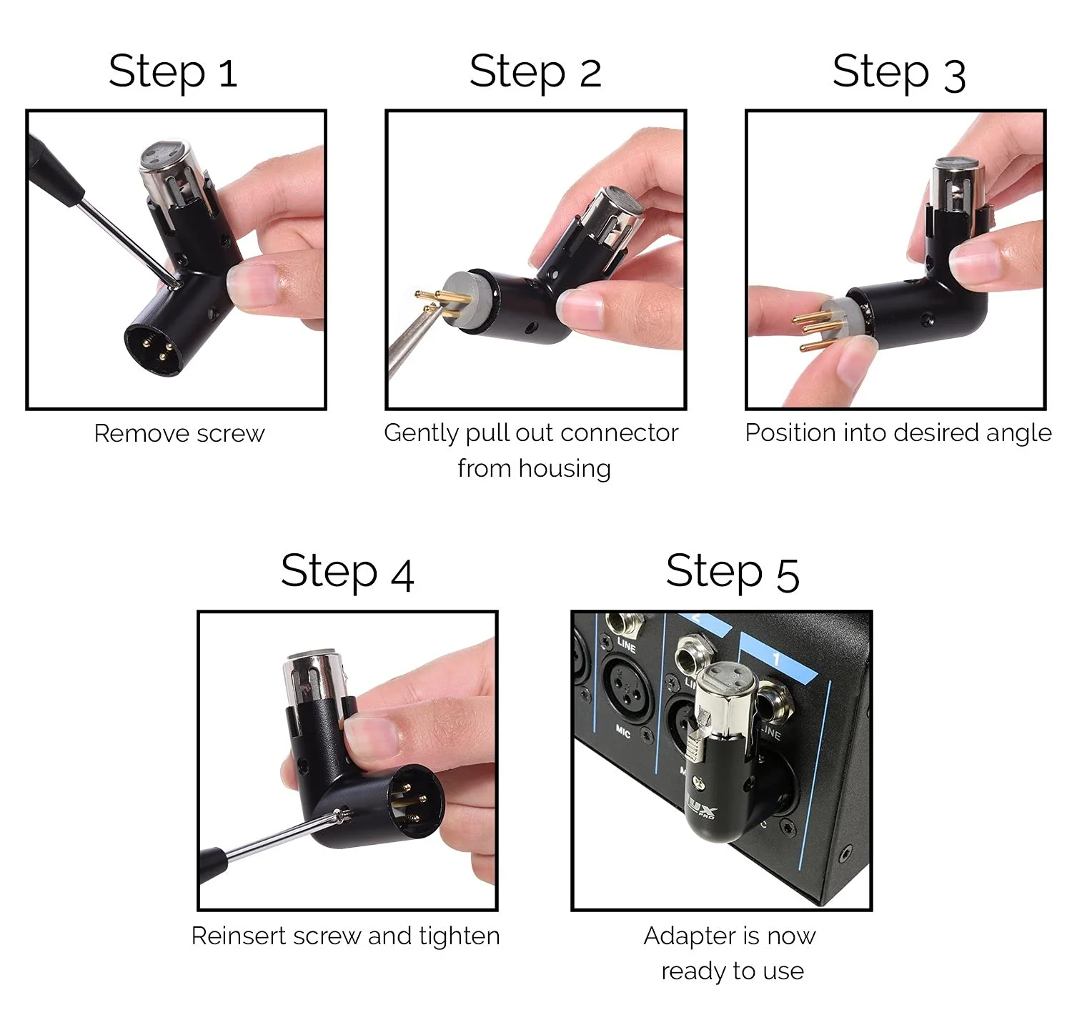 LyxPro XLR Angle Adapter Dual Male and Female can be positioned to 4 Different Angles Right Left and 90 Degree Great for Mixers That Interfere with Other Applications - 3 Pack - Image 5