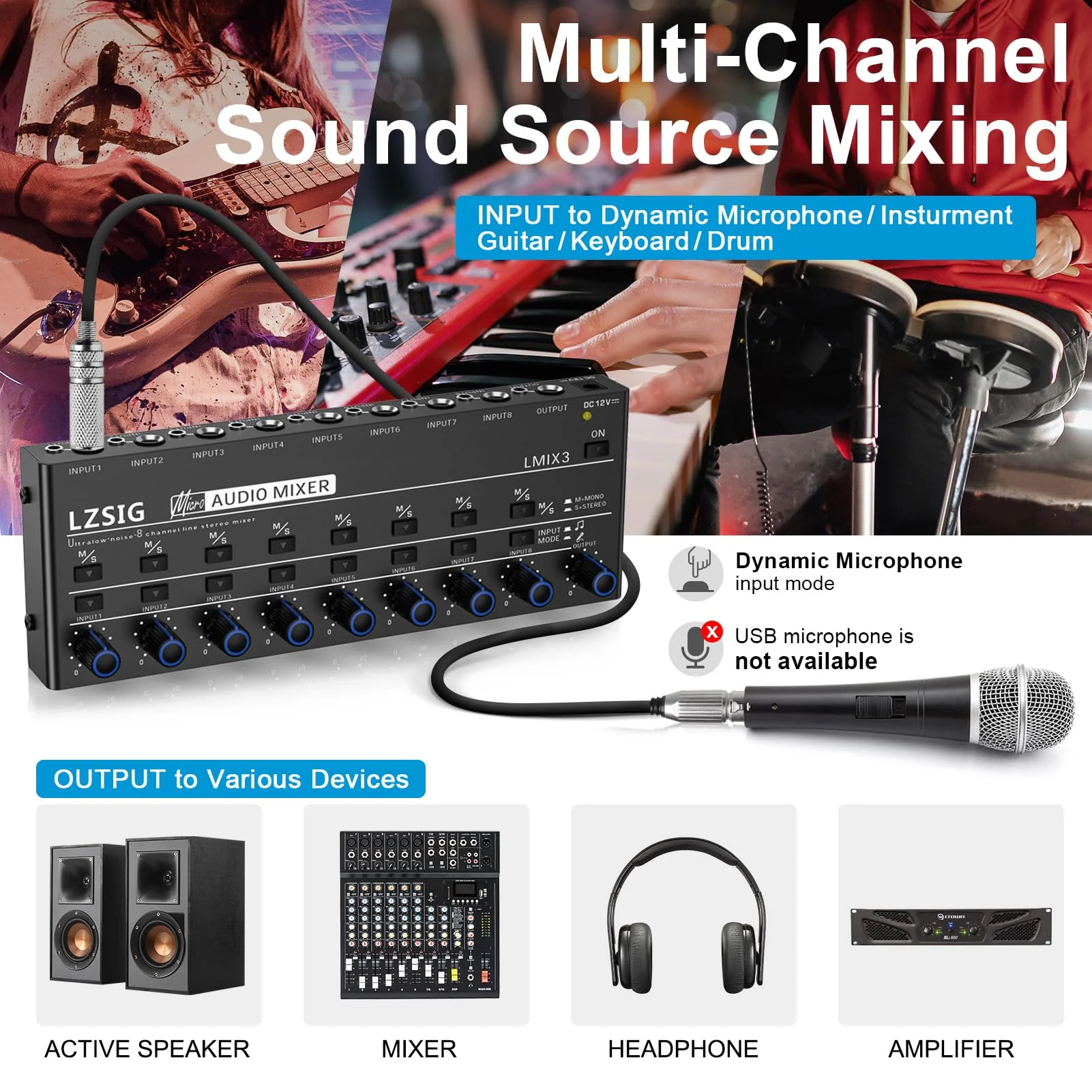 LZSIG Audio Mixer, Stereo Line Mixer for Sub-Mixing, Ultra Low-Noise, 8-Channel, Dynamic Microphone Independent Control, 1/4" & 1/8" TRS Output and Input, for Guitars,Bass,Keyboards Large(8-channel) - Image 3