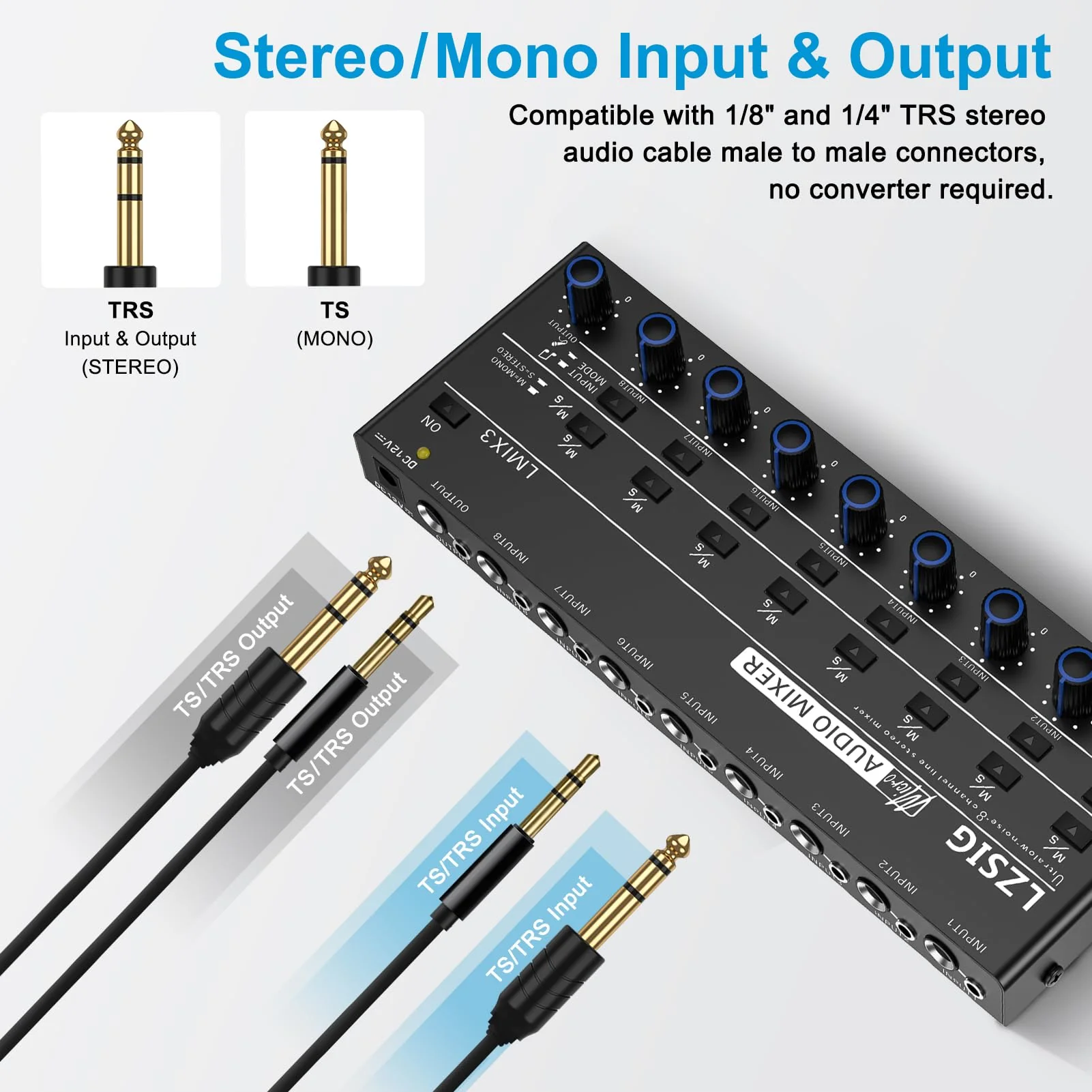 LZSIG Audio Mixer, Stereo Line Mixer for Sub-Mixing, Ultra Low-Noise, 8-Channel, Dynamic Microphone Independent Control, 1/4" & 1/8" TRS Output and Input, for Guitars,Bass,Keyboards Large(8-channel) - Image 4
