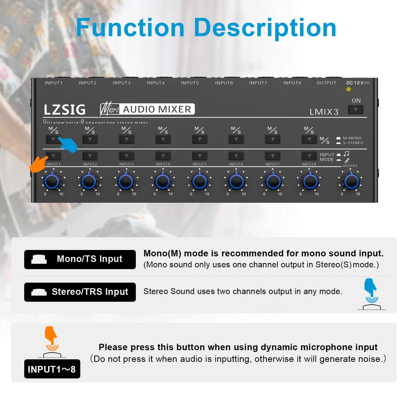 LZSIG Audio Mixer, Stereo Line Mixer for Sub-Mixing, Ultra Low-Noise, 8-Channel, Dynamic Microphone Independent Control, 1/4" & 1/8" TRS Output and Input, for Guitars,Bass,Keyboards Large(8-channel) - Image 5