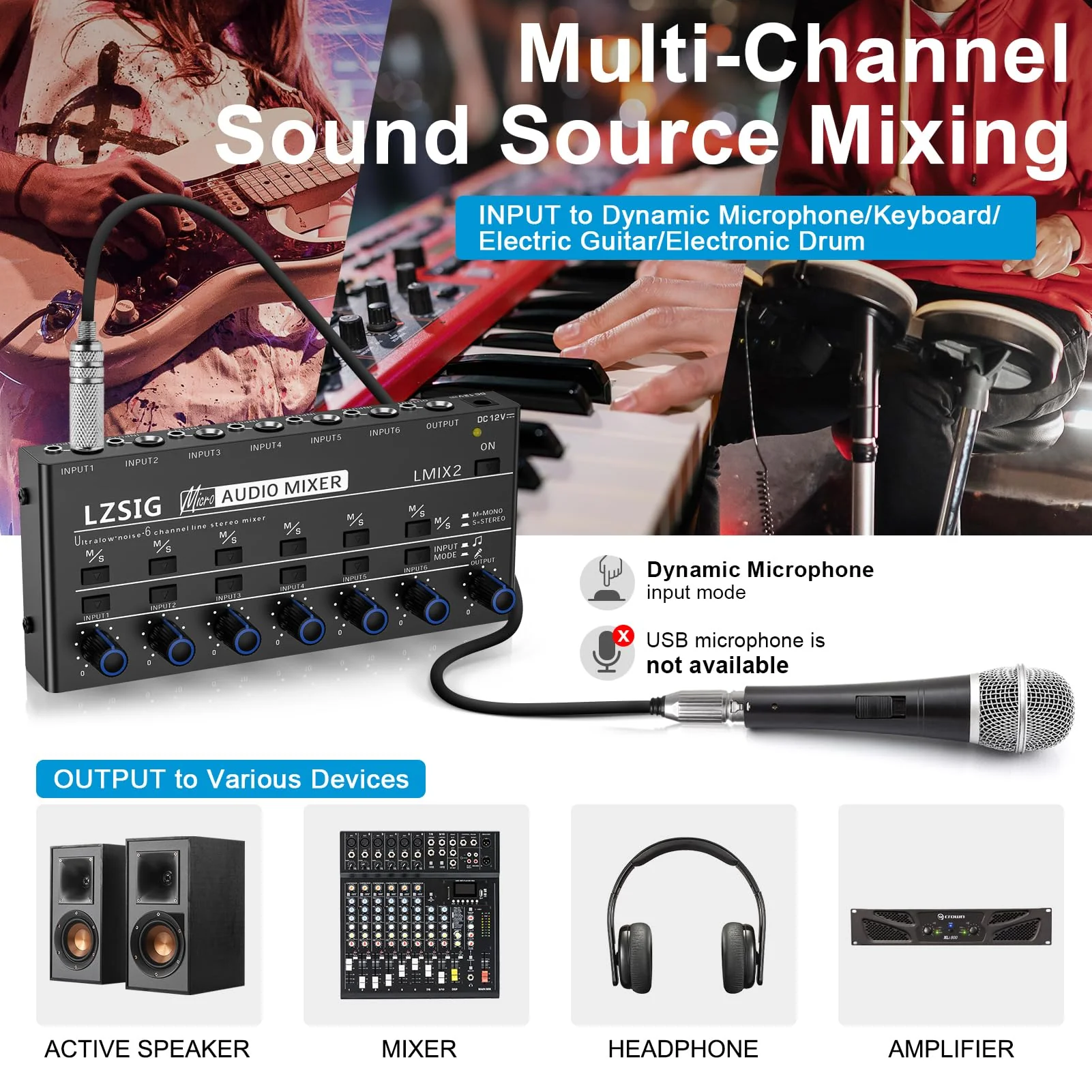 LZSIG Mini Audio Mixer,Stereo Line Mixer for Sub-Mixing,Ultra Low-Noise,6-Channel,Microphone Independent Control, 1/4" & 1/8" TRS Output and Input, for Guitars,Bass,Keyboards Medium(6-channel) - Image 3