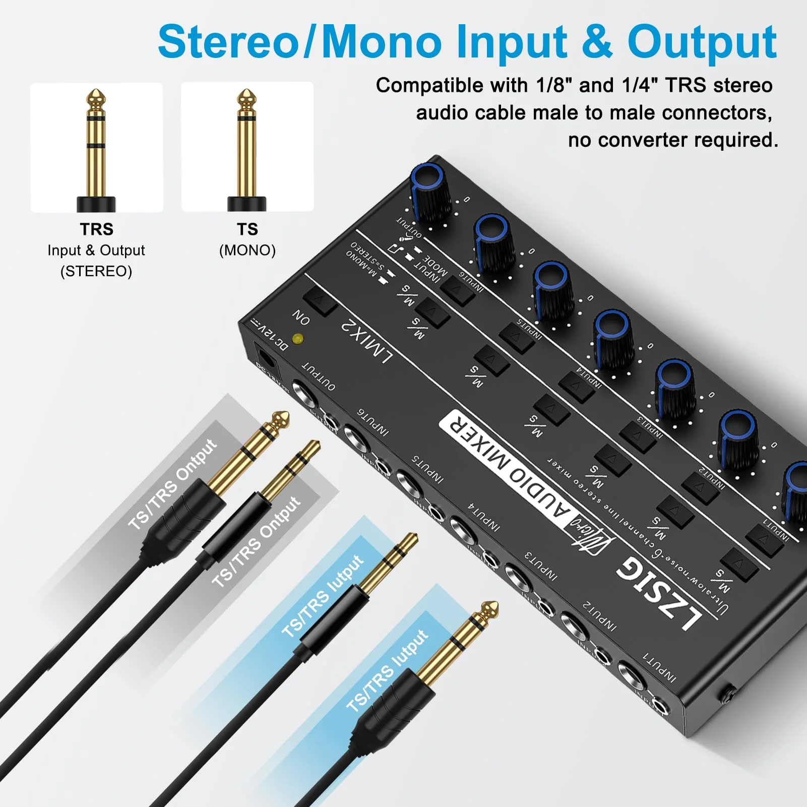 LZSIG Mini Audio Mixer,Stereo Line Mixer for Sub-Mixing,Ultra Low-Noise,6-Channel,Microphone Independent Control, 1/4" & 1/8" TRS Output and Input, for Guitars,Bass,Keyboards Medium(6-channel) - Image 4