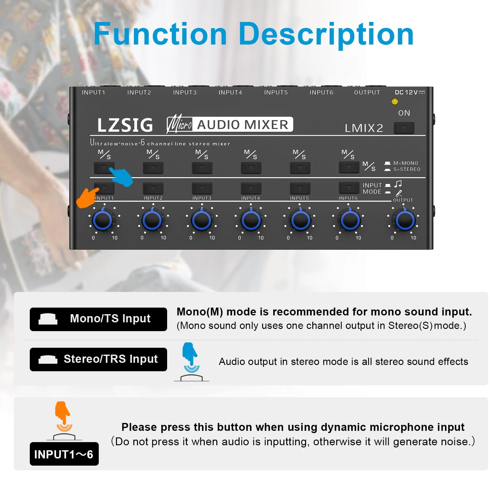 LZSIG Mini Audio Mixer,Stereo Line Mixer for Sub-Mixing,Ultra Low-Noise,6-Channel,Microphone Independent Control, 1/4" & 1/8" TRS Output and Input, for Guitars,Bass,Keyboards Medium(6-channel) - Image 5