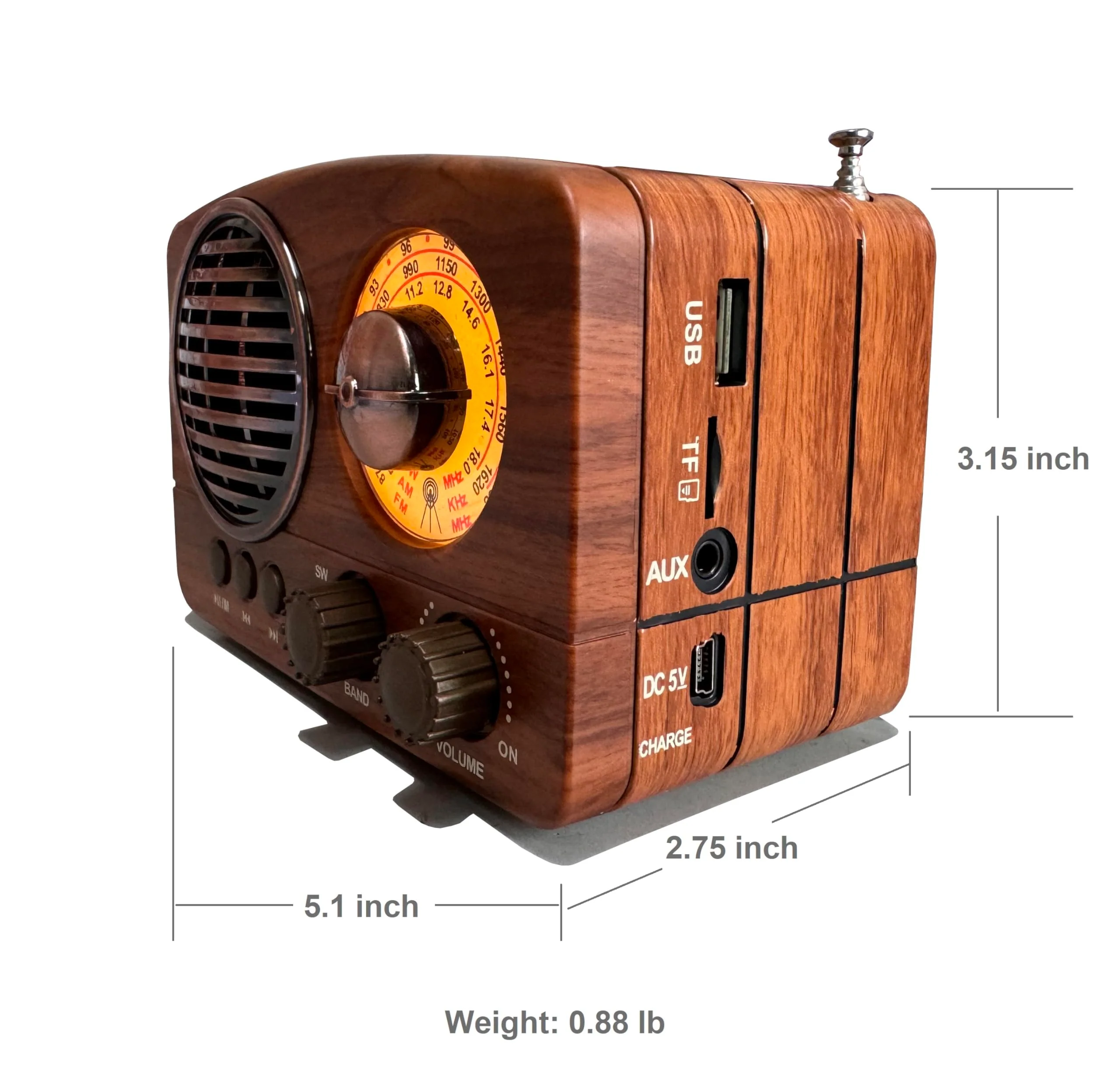 M-1161BT Portable Retro Radio FM AM SW, with Bluetooth, Rechargeable Battery, Support TF Card, USB Playing - Image 5