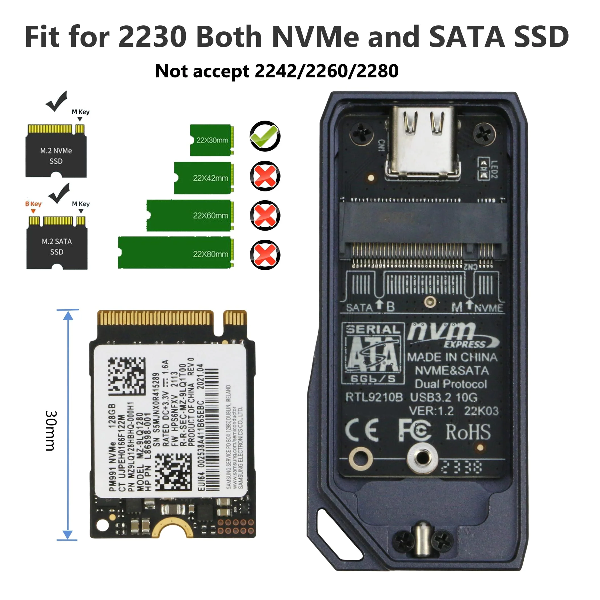 M.2 2230 Enclsoure 10Gbps, RIITOP Small M.2 NVMe to USB-C Reader with Aluminum Case for Both (M Key) NVMe and (B+M Key) SATA SSD only in Size 22x30mm - Image 2