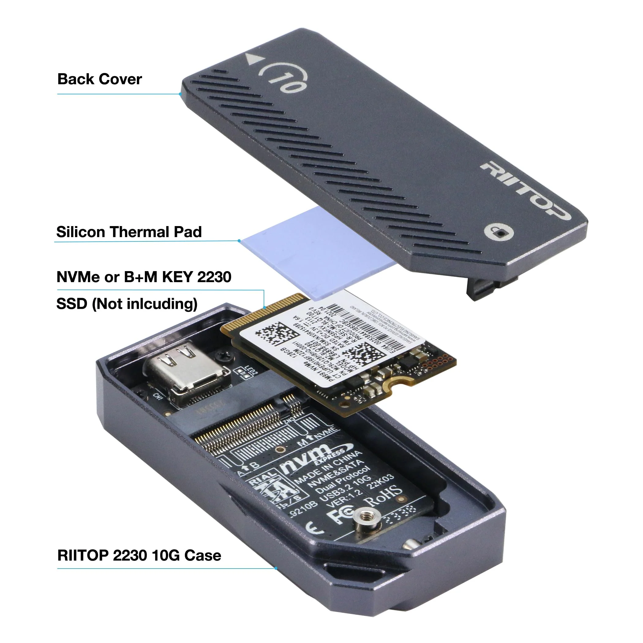 M.2 2230 Enclsoure 10Gbps, RIITOP Small M.2 NVMe to USB-C Reader with Aluminum Case for Both (M Key) NVMe and (B+M Key) SATA SSD only in Size 22x30mm - Image 4