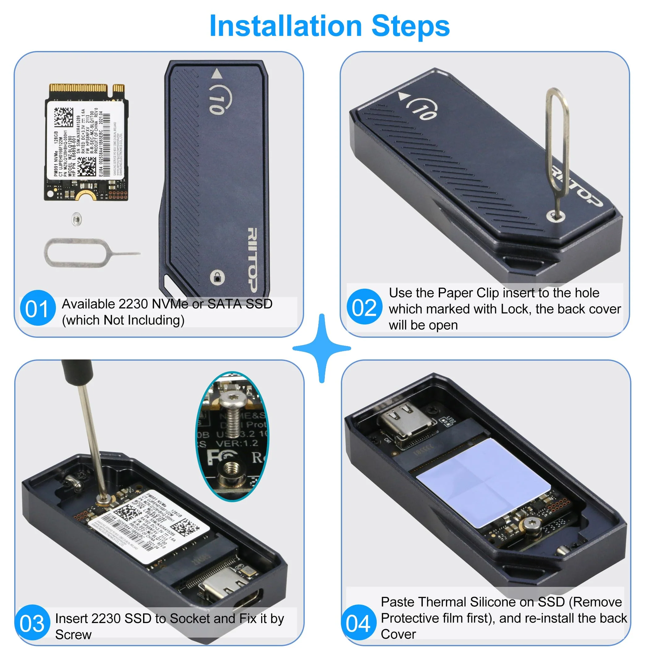 M.2 2230 Enclsoure 10Gbps, RIITOP Small M.2 NVMe to USB-C Reader with Aluminum Case for Both (M Key) NVMe and (B+M Key) SATA SSD only in Size 22x30mm - Image 5