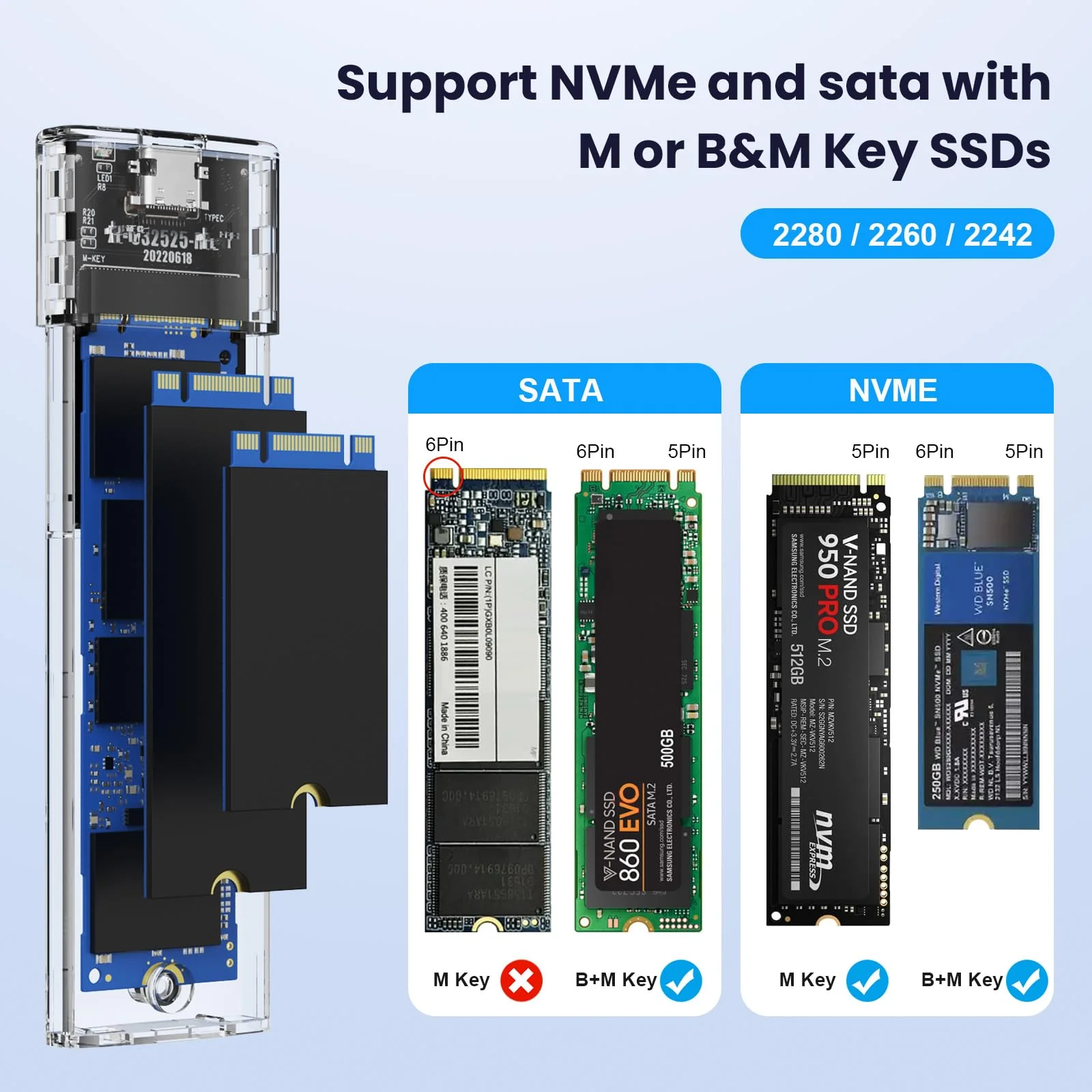 M.2 NVMe SATA SSD Enclosure, 10Gbps USB 3.1 GEN2 Support UASP Trim, Tool Free NVMe SATA SSD to USB-C Adapter Case for 2242/2260/2280 - Image 2