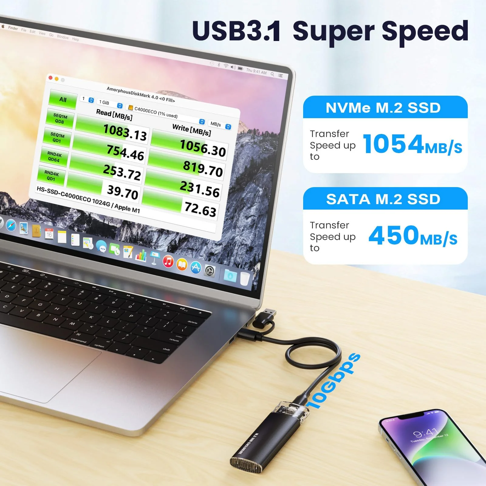M.2 NVMe SATA SSD Enclosure, 10Gbps USB 3.1 GEN2 Support UASP Trim, Tool Free NVMe SATA SSD to USB-C Adapter Case for 2242/2260/2280 - Image 3