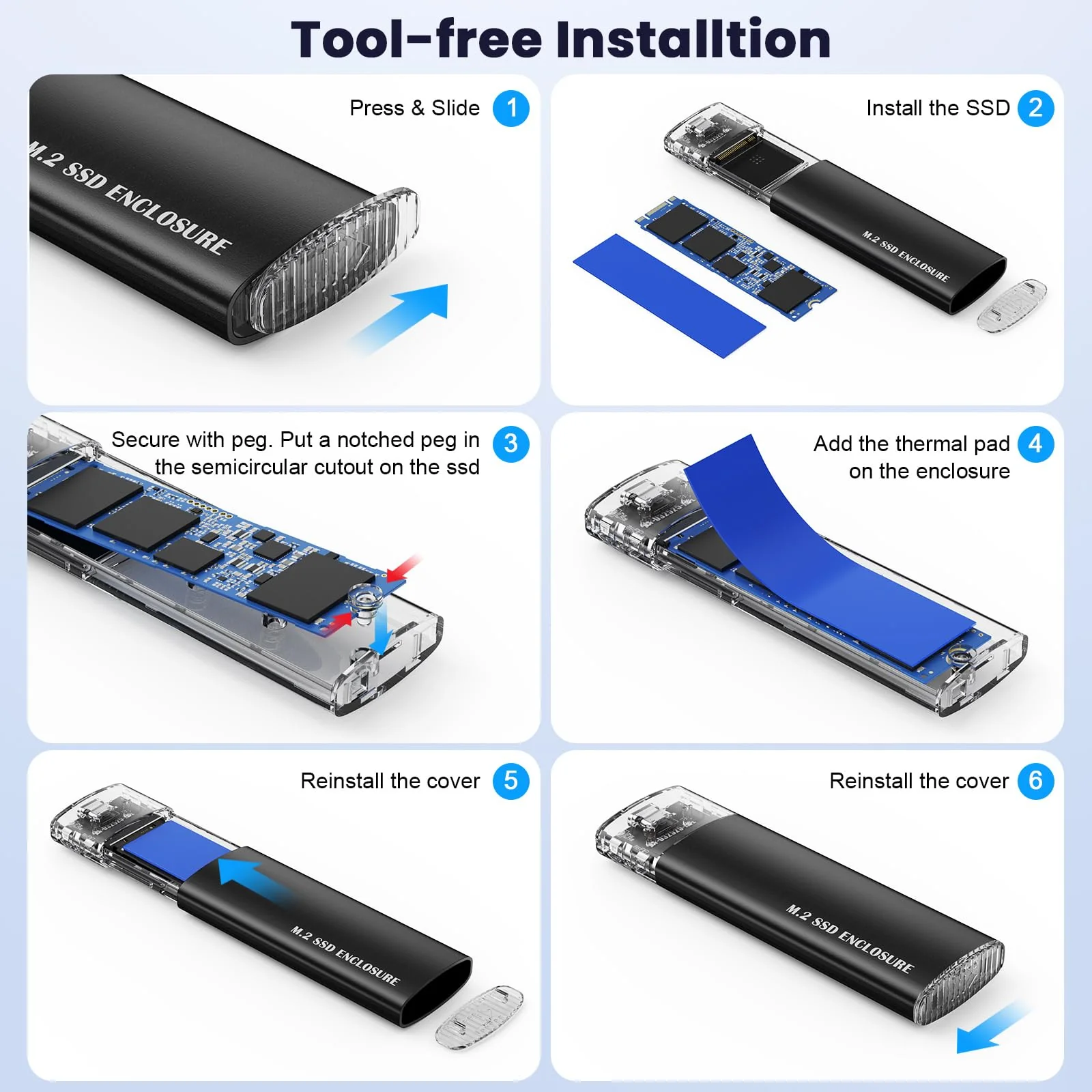 M.2 NVMe SATA SSD Enclosure, 10Gbps USB 3.1 GEN2 Support UASP Trim, Tool Free NVMe SATA SSD to USB-C Adapter Case for 2242/2260/2280 - Image 5