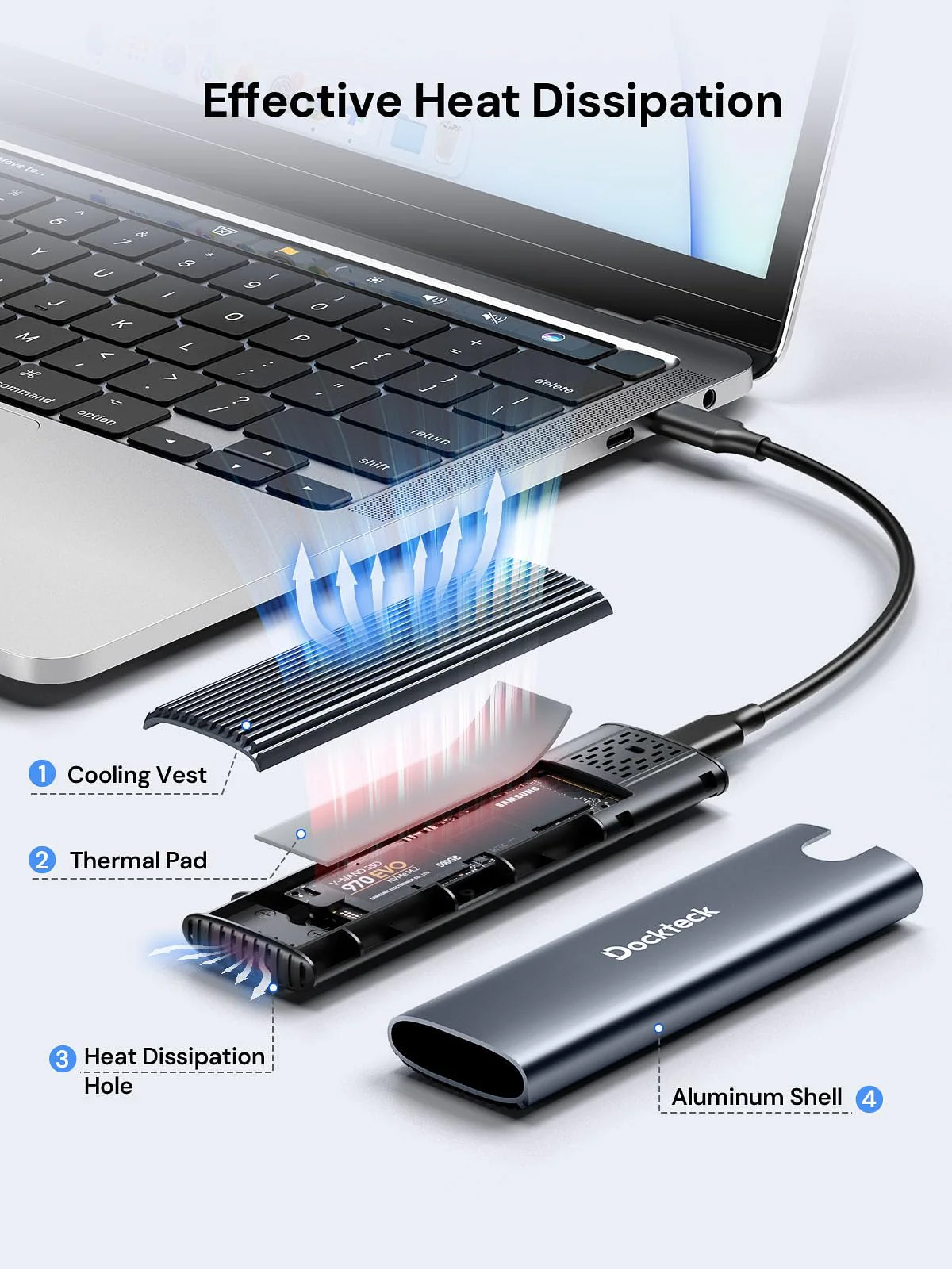 M.2 NVMe SATA SSD Enclosure, dockteck Tool-Free 10Gbps USB 3.2 Gen 2 NVMe to USB Adapter Case for SSDs 2230/2242/2260/2280, External SSD Reader Supports M-Key/B+M Key and UASP - Image 3