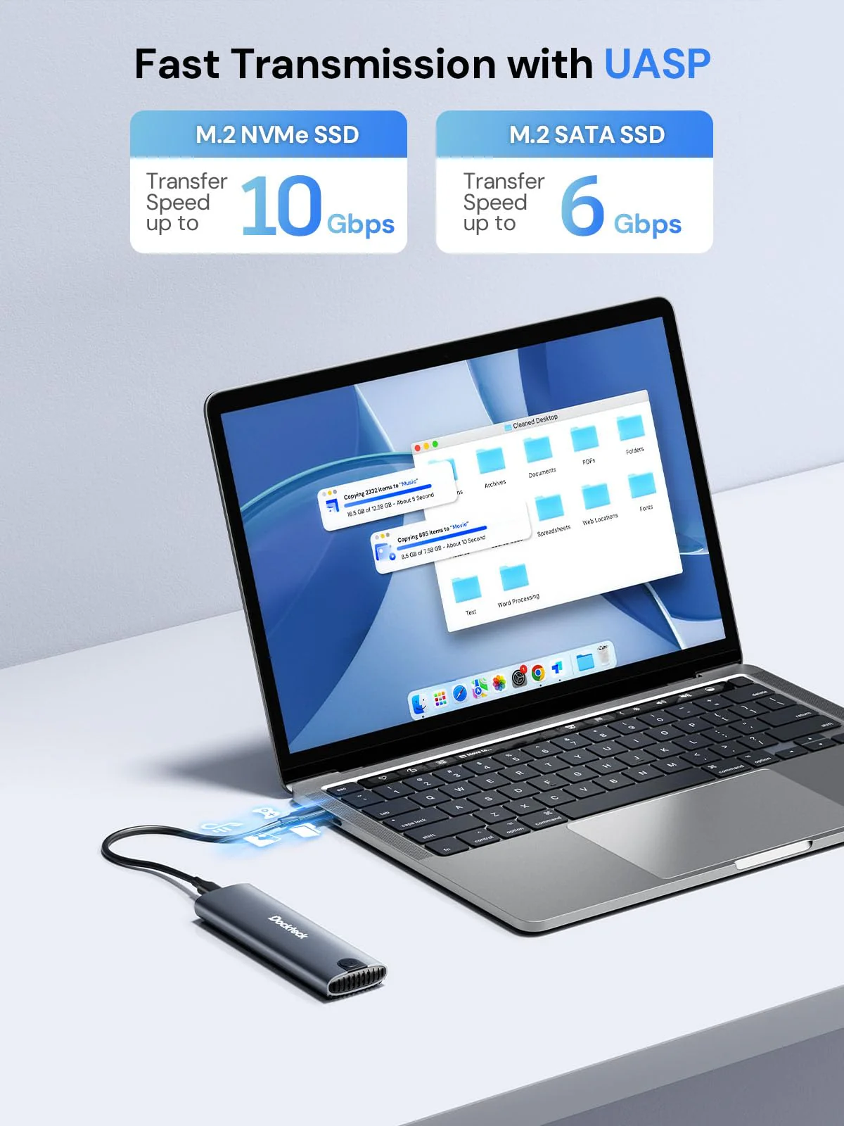 M.2 NVMe SATA SSD Enclosure, dockteck Tool-Free 10Gbps USB 3.2 Gen 2 NVMe to USB Adapter Case for SSDs 2230/2242/2260/2280, External SSD Reader Supports M-Key/B+M Key and UASP - Image 4