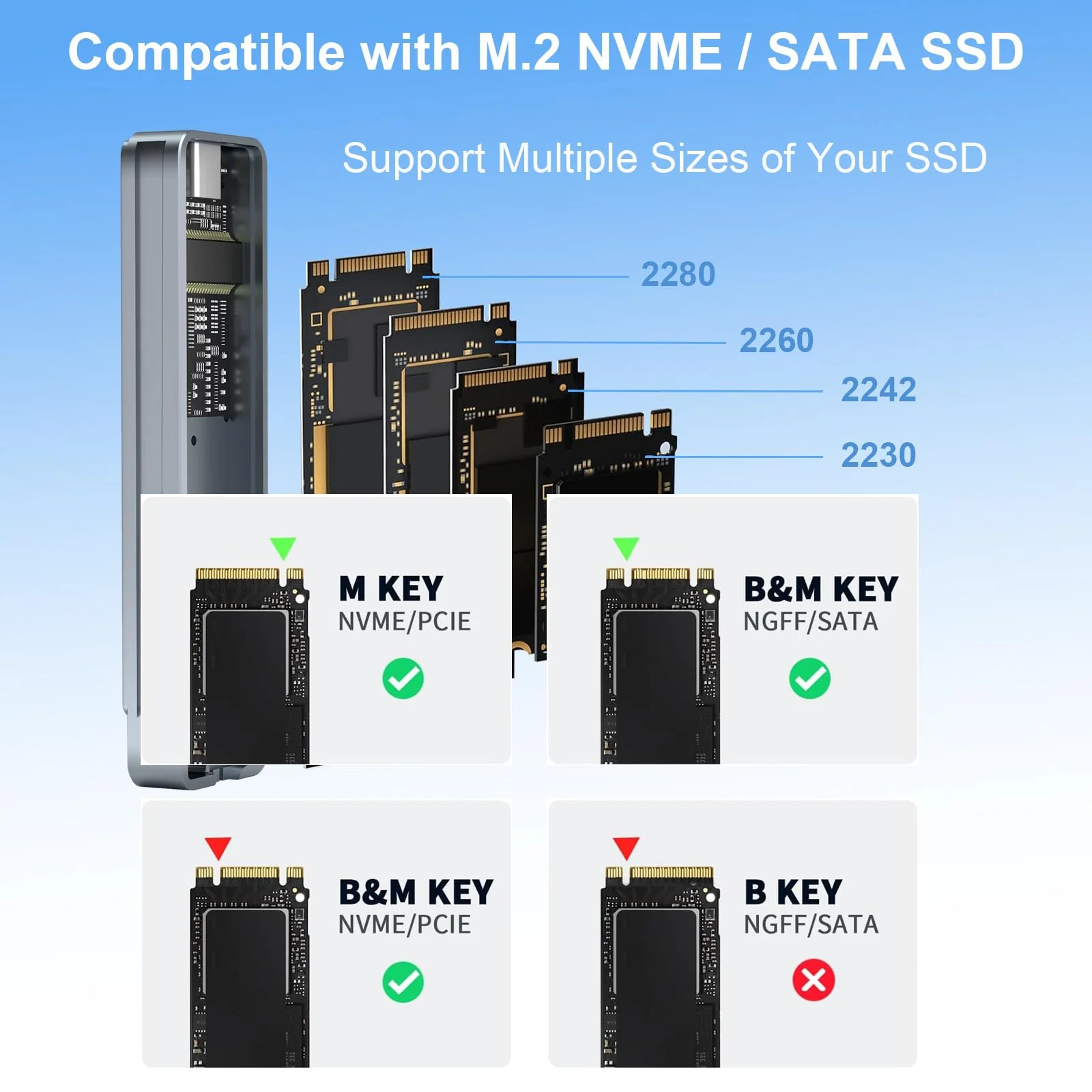 M.2 NVME & SATA SSD Enclosure, Suppprts 10Gbps USB 3.2 Gen2 USB-C Fast Data Transfer, External M Key and B+M Key SSDs 2280/ 2230/ 2242/ 2260 SSD - Image 3