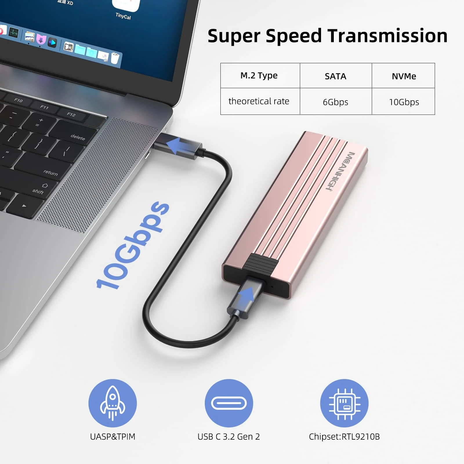 M.2 NVME SATA SSD Enclosure, Tool-Free USB 3.2 Gen 2 10Gbps NVME to USB Adapter, Supports M and B&M Keys External Solid State Drive Case for Size 2242/2260/2280(up to 8TB) Pink - Image 3