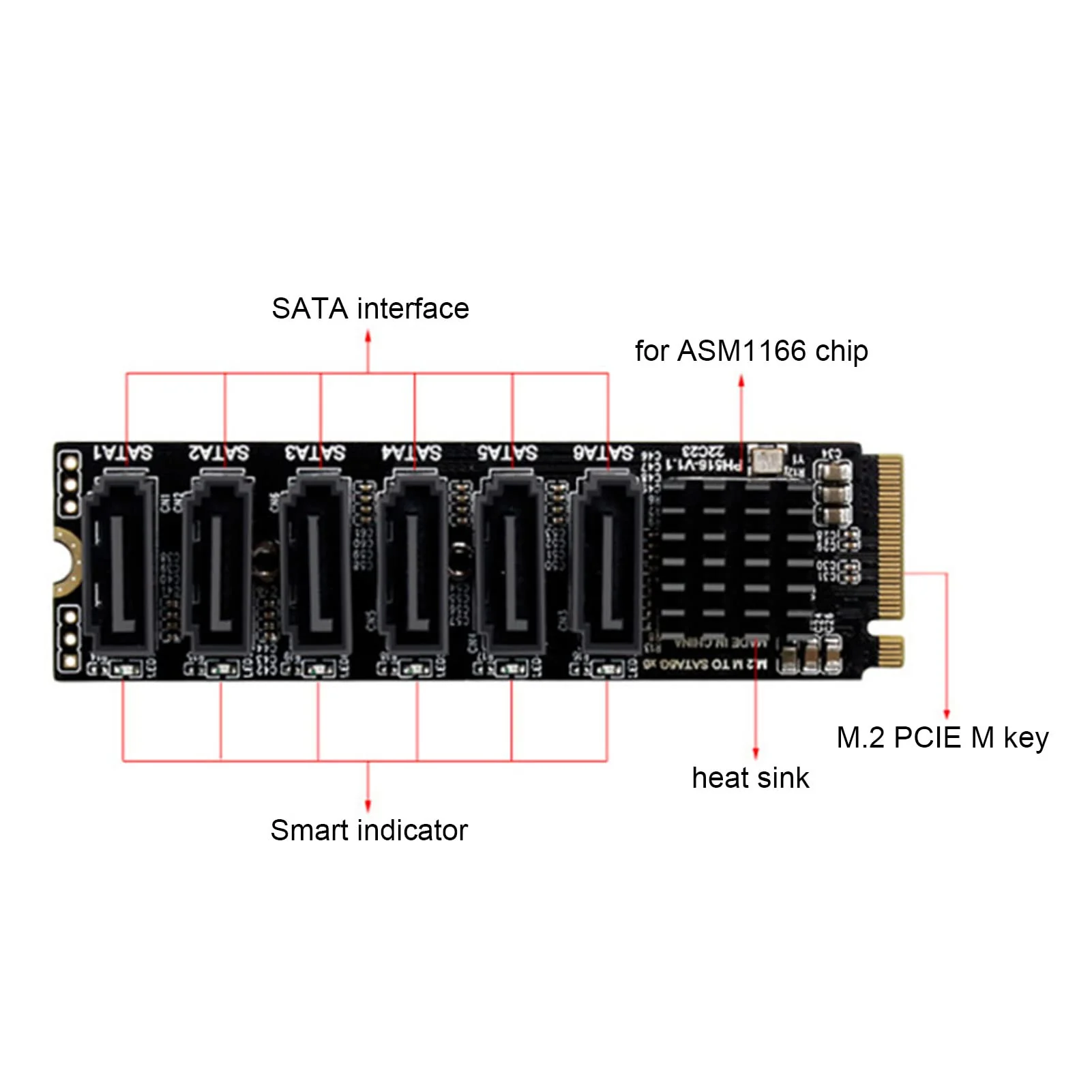 M.2 to SATA3.0 Adapter Card, M.2 M EKY PCIE3.0 to SATA Adapter Card, ASM1166 6Gbps 6 Port Expansion Interface Card with Smart Indicator - Image 5