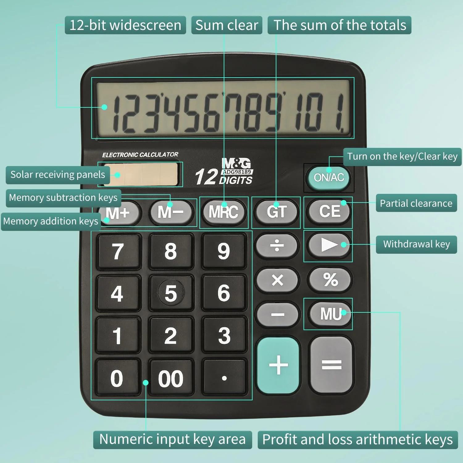 M&G Desk Calculator 12 Digit Office Calculators with Large LCD Display, Dual Solar Power and Battery, Recessed Big Button Calculator for Office Home School (Black) Basic - Image 3