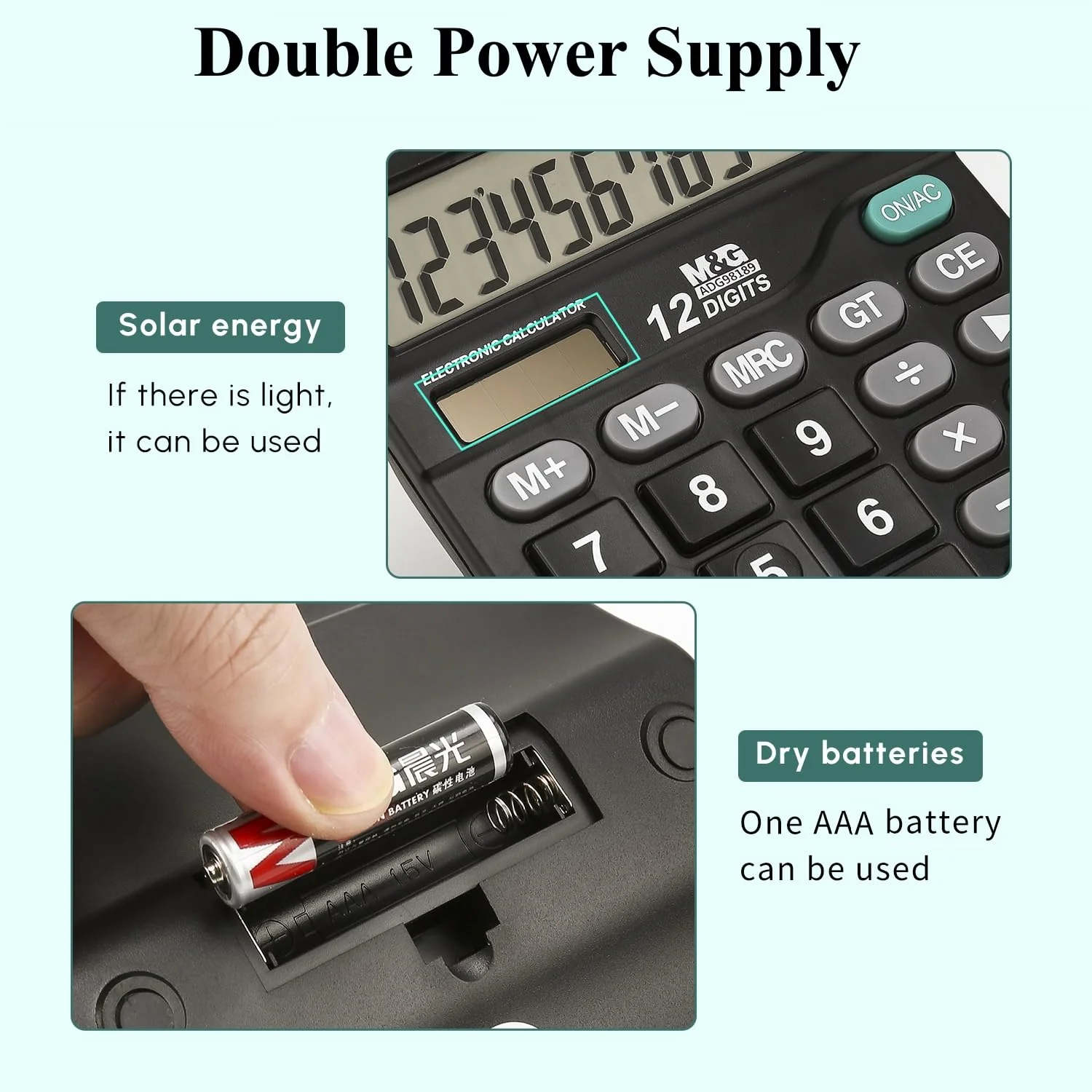 M&G Desk Calculator 12 Digit Office Calculators with Large LCD Display, Dual Solar Power and Battery, Recessed Big Button Calculator for Office Home School (Black) Basic - Image 4