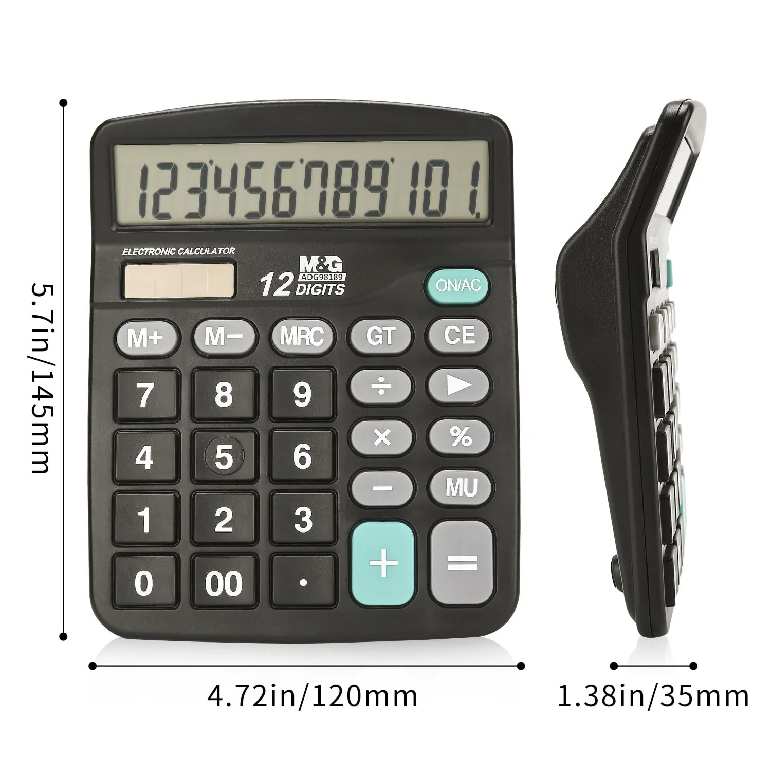 M&G Desk Calculator 12 Digit Office Calculators with Large LCD Display, Dual Solar Power and Battery, Recessed Big Button Calculator for Office Home School (Black) Basic - Image 6