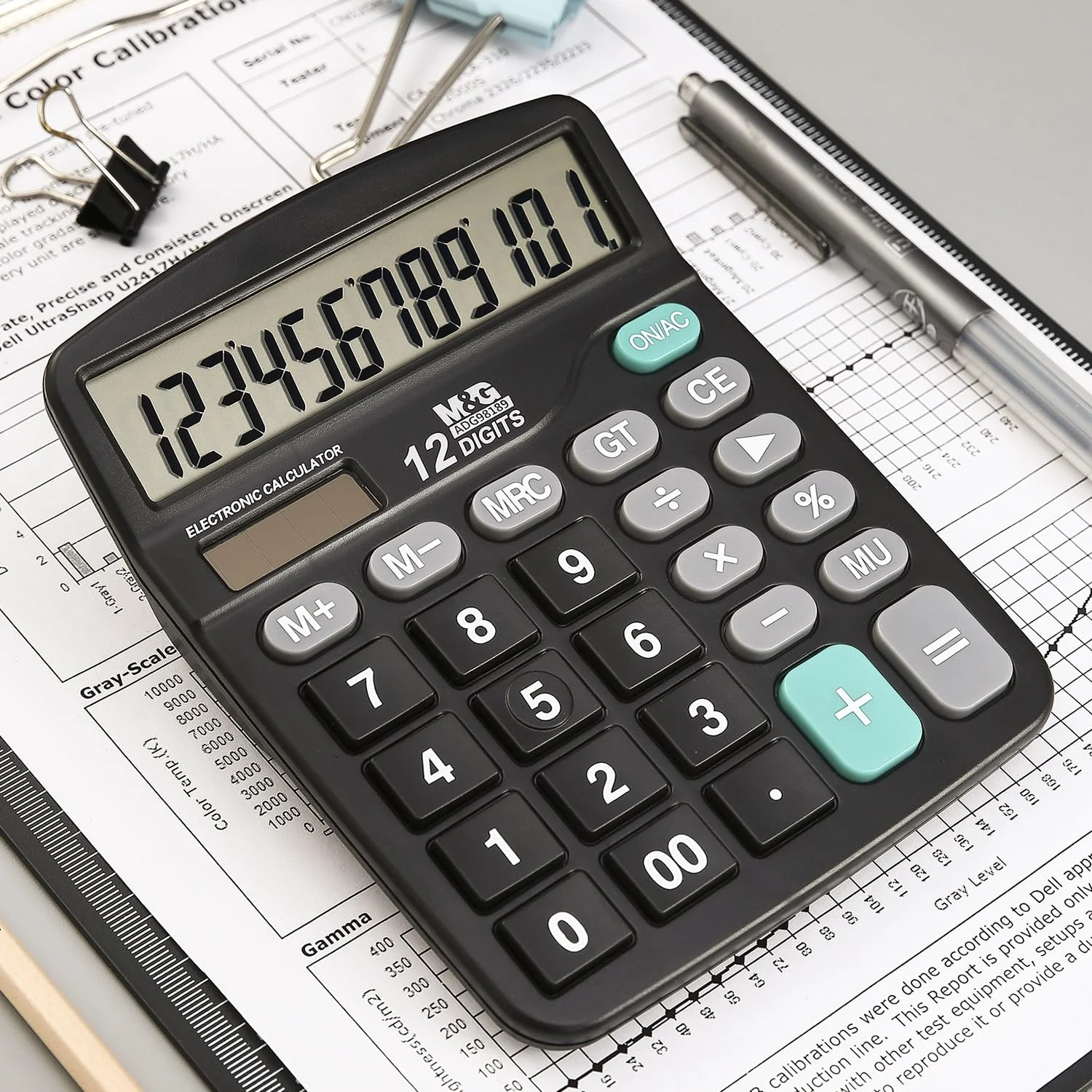 M&G Desk Calculator 12 Digit Office Calculators with Large LCD Display, Dual Solar Power and Battery, Recessed Big Button Calculator for Office Home School (Black) Basic - Image 7