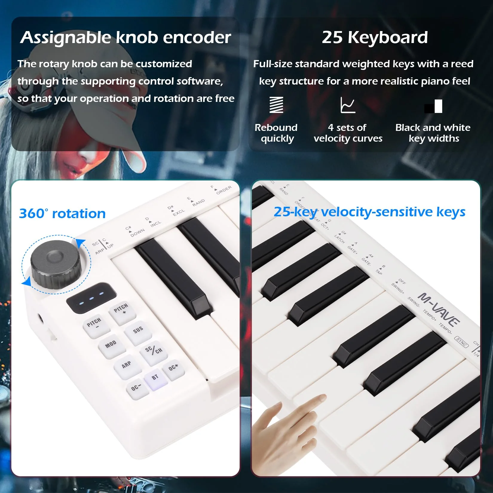 M-VAVE 25 Keys Mini Keyboard – Professional Beat Maker and Keytar for Keyboard Music Production Builtin Battery Wireless Connect White Mini no PADS - Image 5