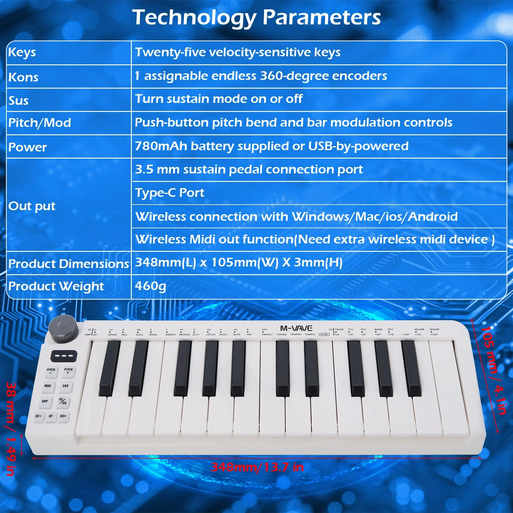 M-VAVE 25 Keys Mini Keyboard – Professional Beat Maker and Keytar for Keyboard Music Production Builtin Battery Wireless Connect White Mini no PADS - Image 8
