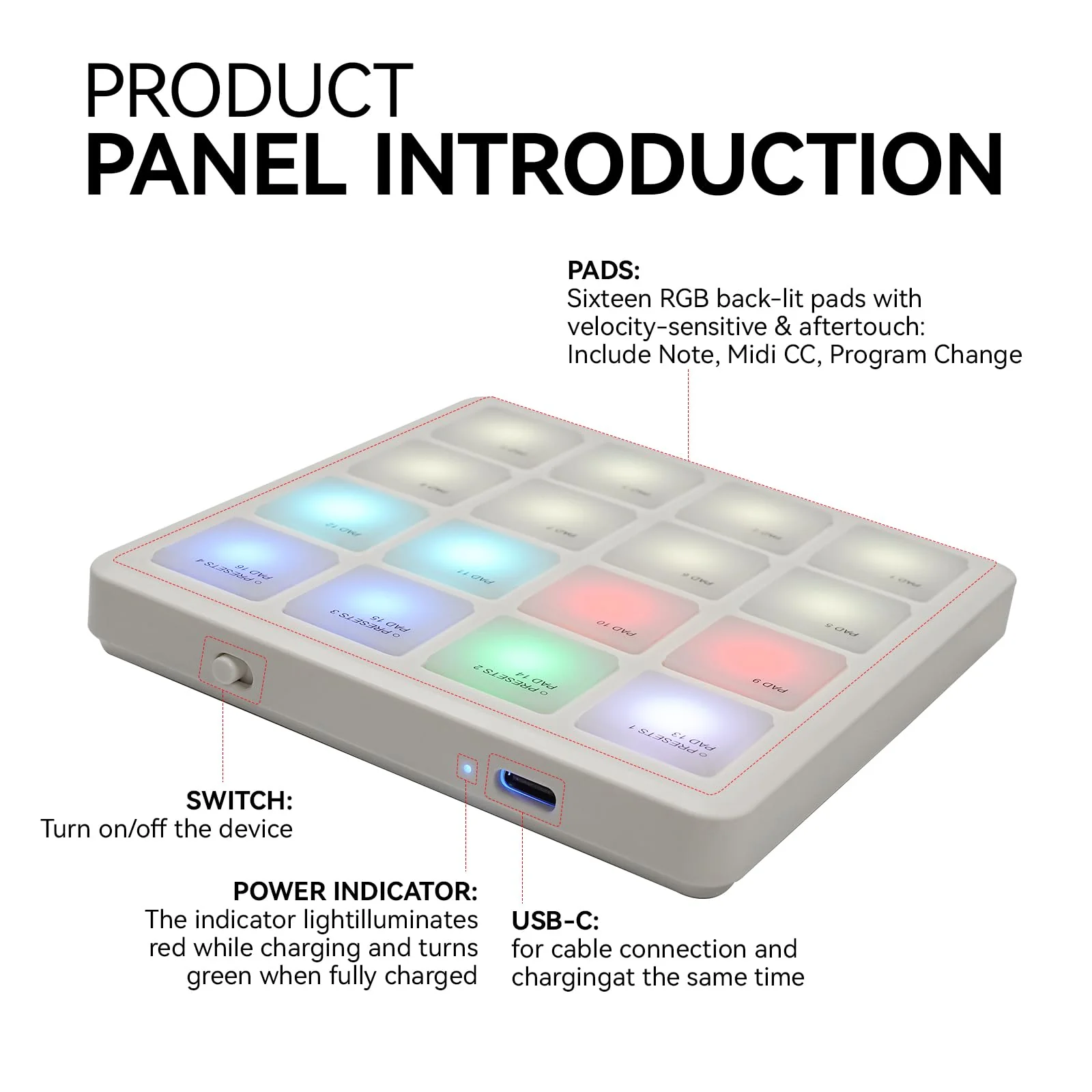 M-VAVE MIDI Controller Drum Pad Wireless Bluetooth MIDI Keyboard 16 Strike Pad Velocity Sensitive, Note Repeat, Full Level Buttons RGB Backlight Portable with Wired USB-C Built-in Battery - Image 4