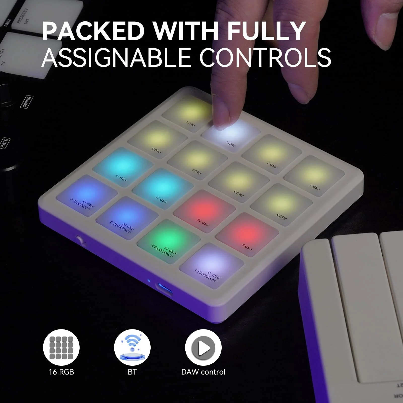 M-VAVE MIDI Controller Drum Pad Wireless Bluetooth MIDI Keyboard 16 Strike Pad Velocity Sensitive, Note Repeat, Full Level Buttons RGB Backlight Portable with Wired USB-C Built-in Battery - Image 6