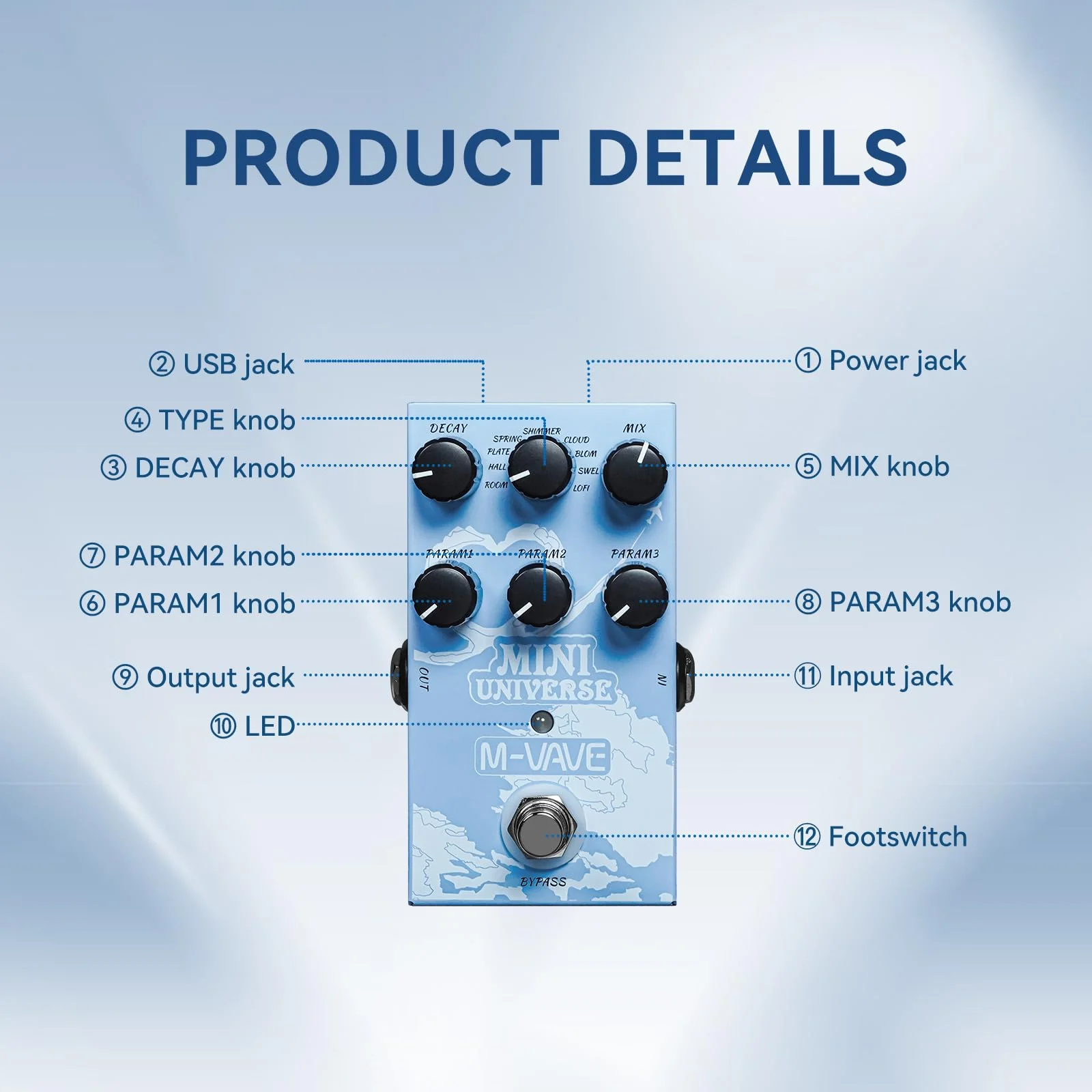 M-VAVE Reverb Guitar Pedal Digital Effect Reverb 9 Modes Room, Hall, Shimmer, Lofi, Spring, Bloom, Swell, Plate, Cloud Selection for Guitar Bass Reverberation Effect MINI-UNIVERSE - Image 2
