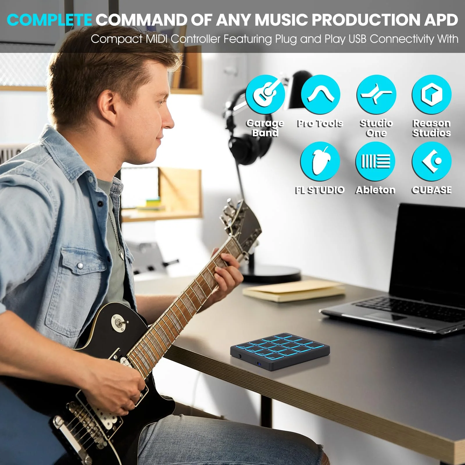 M-VAVE Wireless MIDI Controller Pads, 4.1 * 4.1 Inch, 0.28 LBS, Bluetooth Portable USB with 16 Drum, Note Repeat, Full Level Buttons, Rechargeable battery (Black Pocket) - Image 2