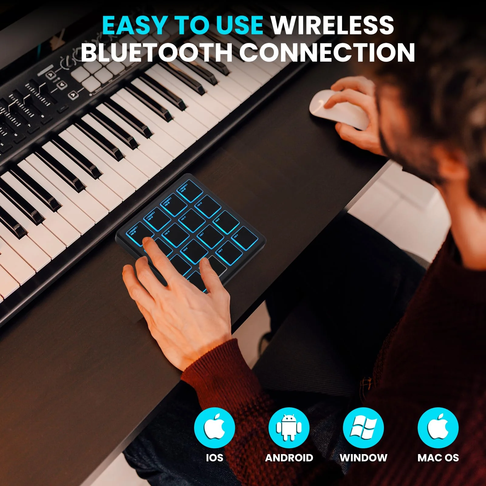 M-VAVE Wireless MIDI Controller Pads, 4.1 * 4.1 Inch, 0.28 LBS, Bluetooth Portable USB with 16 Drum, Note Repeat, Full Level Buttons, Rechargeable battery (Black Pocket) - Image 3