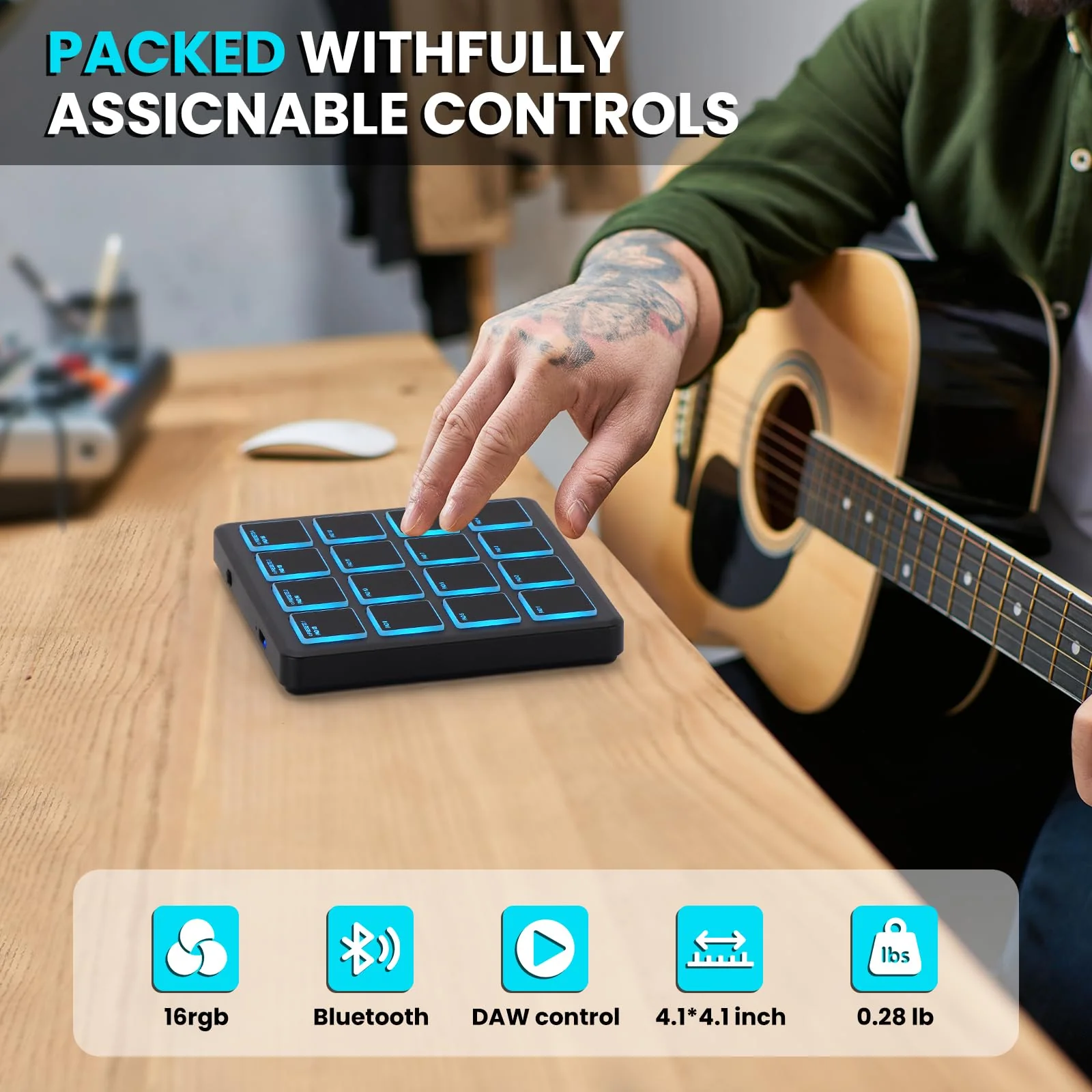 M-VAVE Wireless MIDI Controller Pads, 4.1 * 4.1 Inch, 0.28 LBS, Bluetooth Portable USB with 16 Drum, Note Repeat, Full Level Buttons, Rechargeable battery (Black Pocket) - Image 4