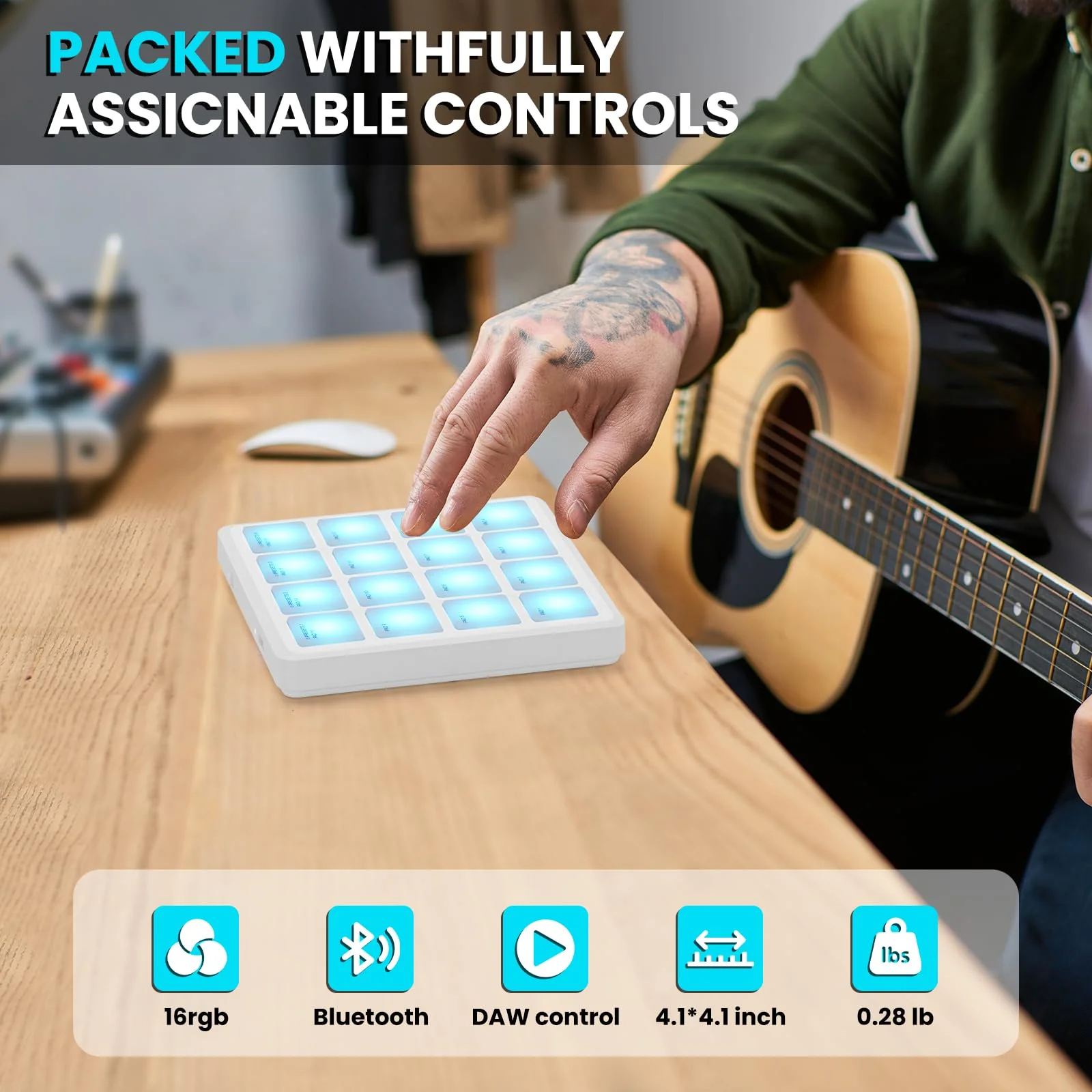 M-VAVE Wireless MIDI Controller Pads, 4.1 * 4.1 Inch, 0.28 LBS, Bluetooth Portable USB with 16 Drum, Note Repeat, Full Level Buttons, Rechargeable battery (White Pocket) White Pocket - Image 3