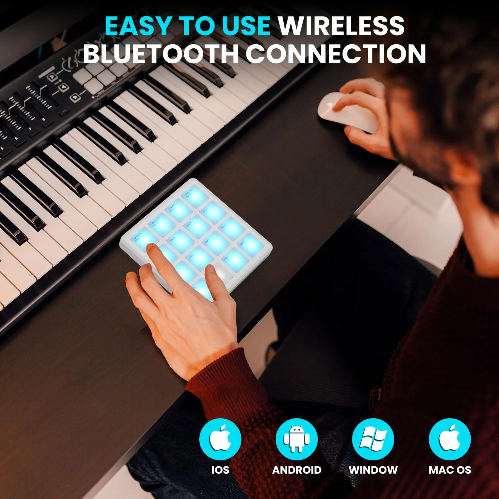 M-VAVE Wireless MIDI Controller Pads, 4.1 * 4.1 Inch, 0.28 LBS, Bluetooth Portable USB with 16 Drum, Note Repeat, Full Level Buttons, Rechargeable battery (White Pocket) White Pocket - Image 4