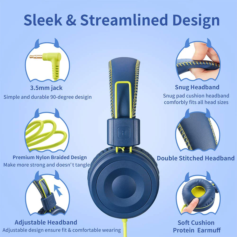 M1 Kids Headphones Wired Headphone for Kids,Foldable Adjustable Stereo Tangle-Free,3.5MM Jack Wire Cord On-Ear Headphone for Children (Blue) Blue - Image 2