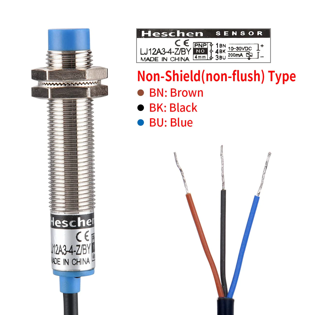 M12 Proximity Sensor, Inductive, Non-Shield Type, LJ12A3-4-Z/BY, 4mm, 10-30VDC, 200mA, PNP NO, 3 Wire, Motion Detector Device - Image 5