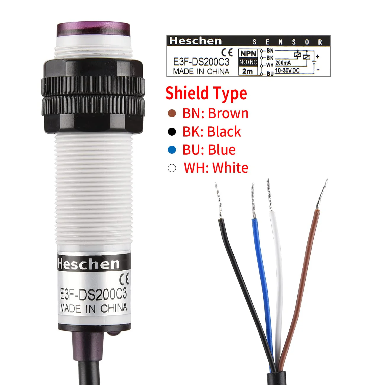 M18 Column Infrared Photoelectric Proximity Switch, Diffuse Reflection Type, E3F-DS200C3, Detection Distance 10-200CM, 10-30VDC 200mA, NPN NO+NC, 4 Wire - Image 5