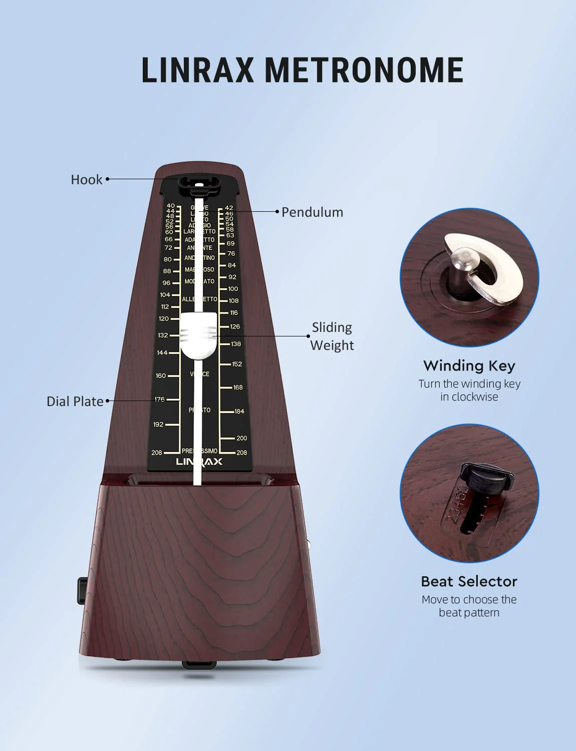 M2 Mechanical Metronome for Piano Guitar Bass Ukulele Drum Violin Cello Saxophone Trumpet and Other Musical Instruments, Track Tempo and Beat, Loud Sound, High Precision, Wood Grain M2 - Image 2